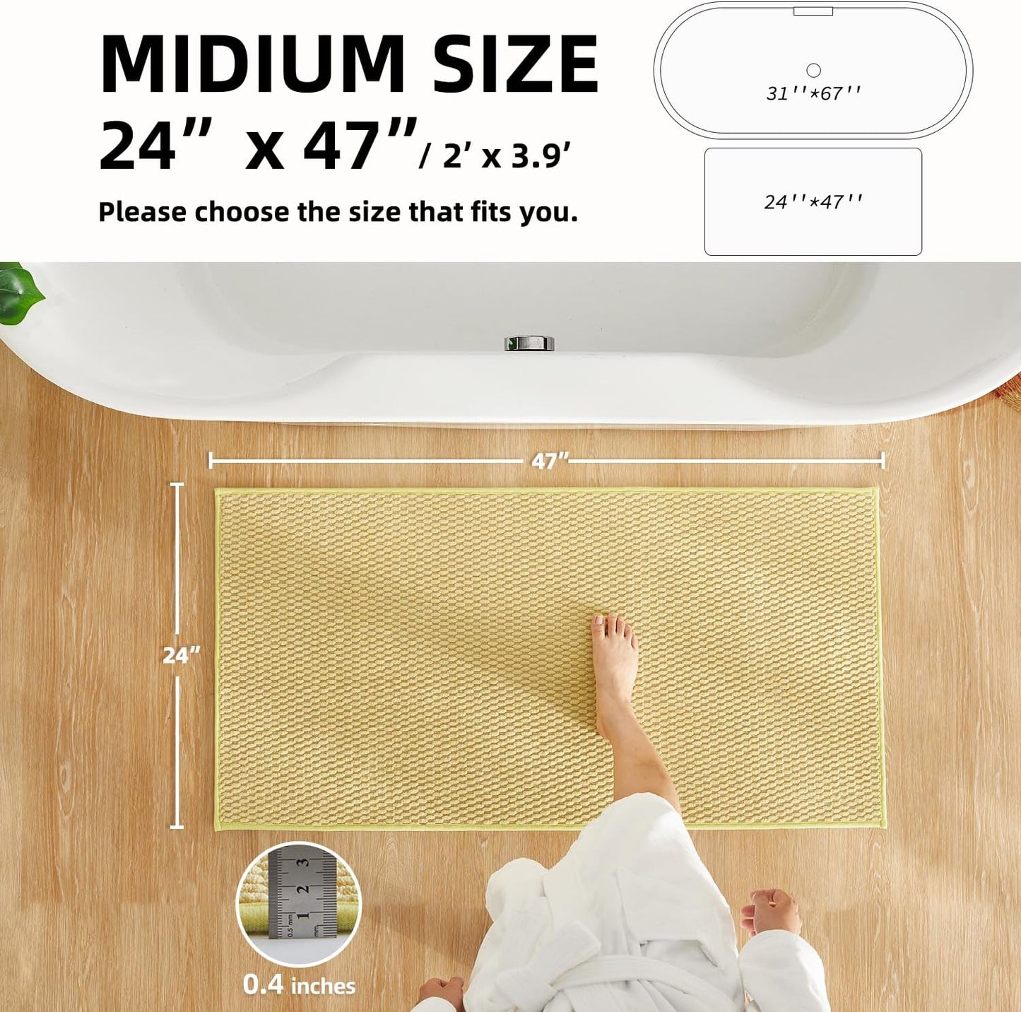 Bathroom Rugs Non Slip Washable, Super Absorbent Thin Bath Mat Quick Dry Low Pile Bathroom Rug, Yellow 24"x47"
