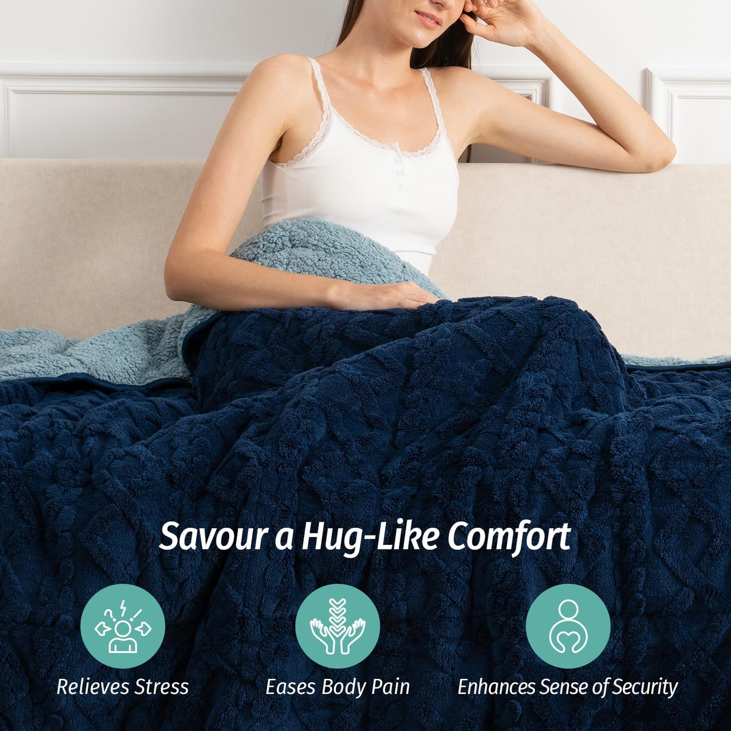 Wemore Weighted Blanket for Adults Twin Size 15 lbs, Dual Sided Soft Fuzzy Jacquard Sherpa Weighted Blankets for Sleeping, Cozy Fluffy Knitted Heavy Blanket for Couch Bed, Navy Blue, 60 x 80 inches