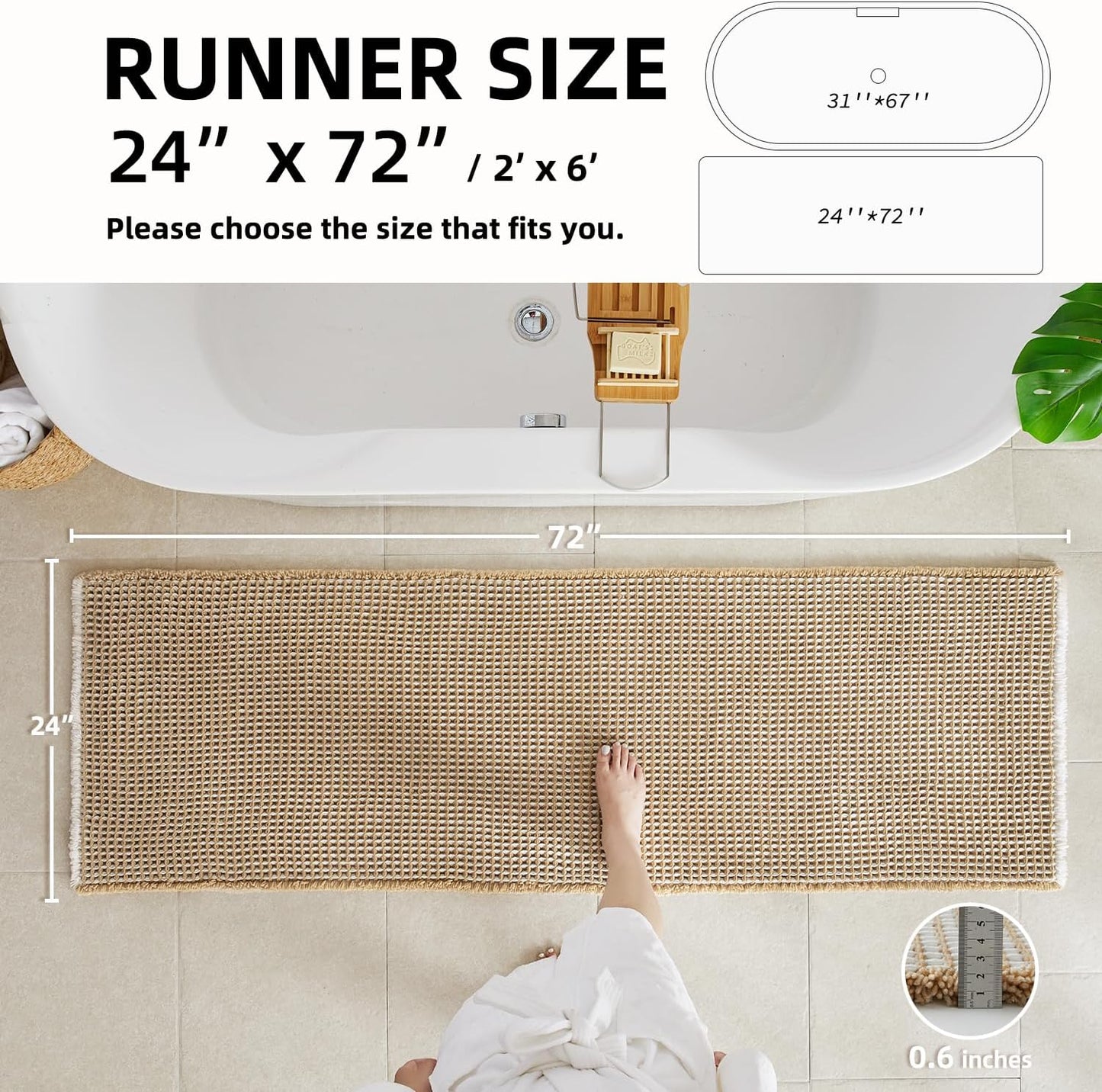 Waffle Runner Rug Bathroom, Long Boho Bathroom Rugs Non Slip Washable Super Absorbent Quick Dry Farmhouse Bath Decor, 72"x24" Khaki and White