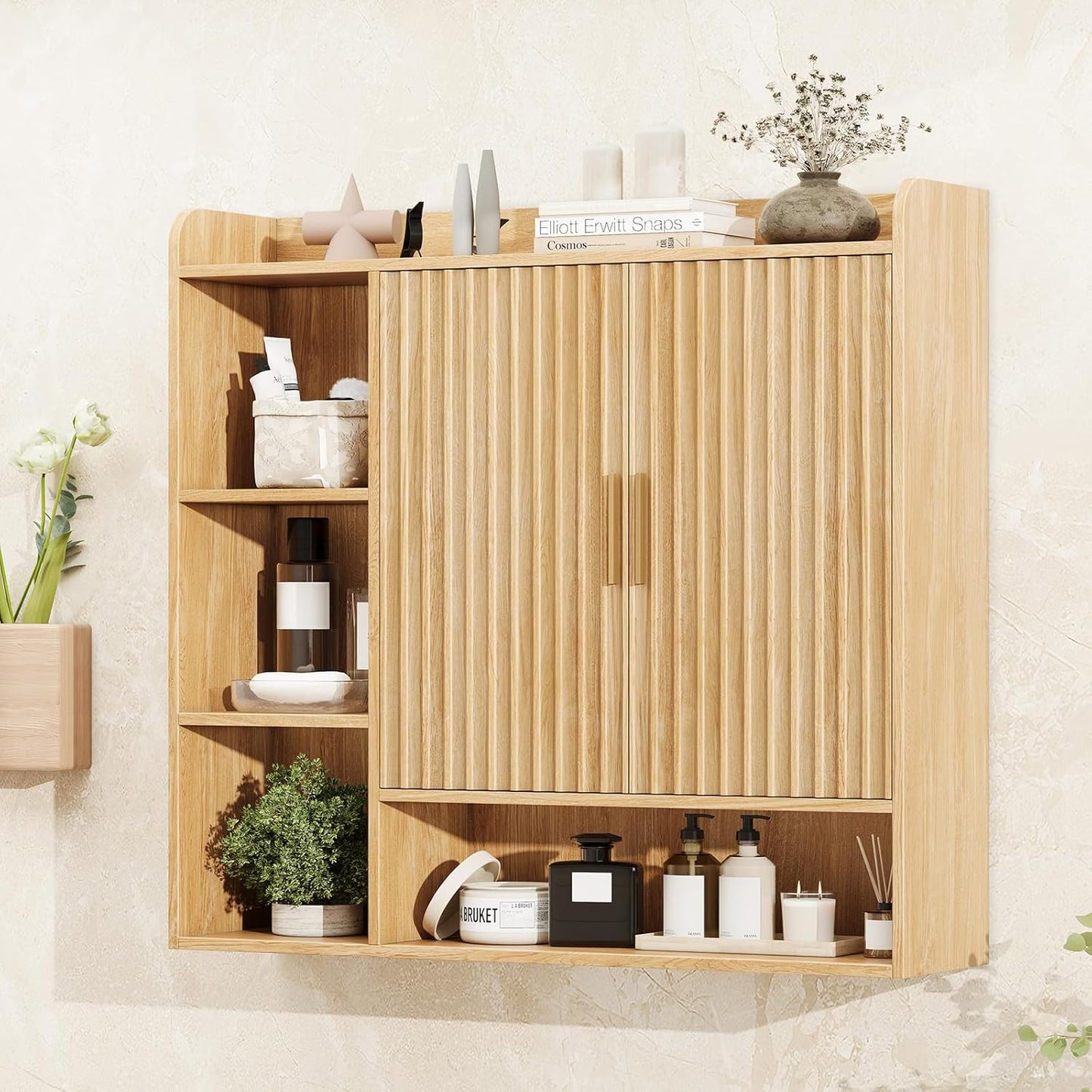 Vabches Fluted Bathroom Wall Cabinet, Wooden Medicine Cabinet Organizer with 2 Doors and Adjustable Shelf, Over The Toilet Storage Cabinet for Laundry Room and Living Room