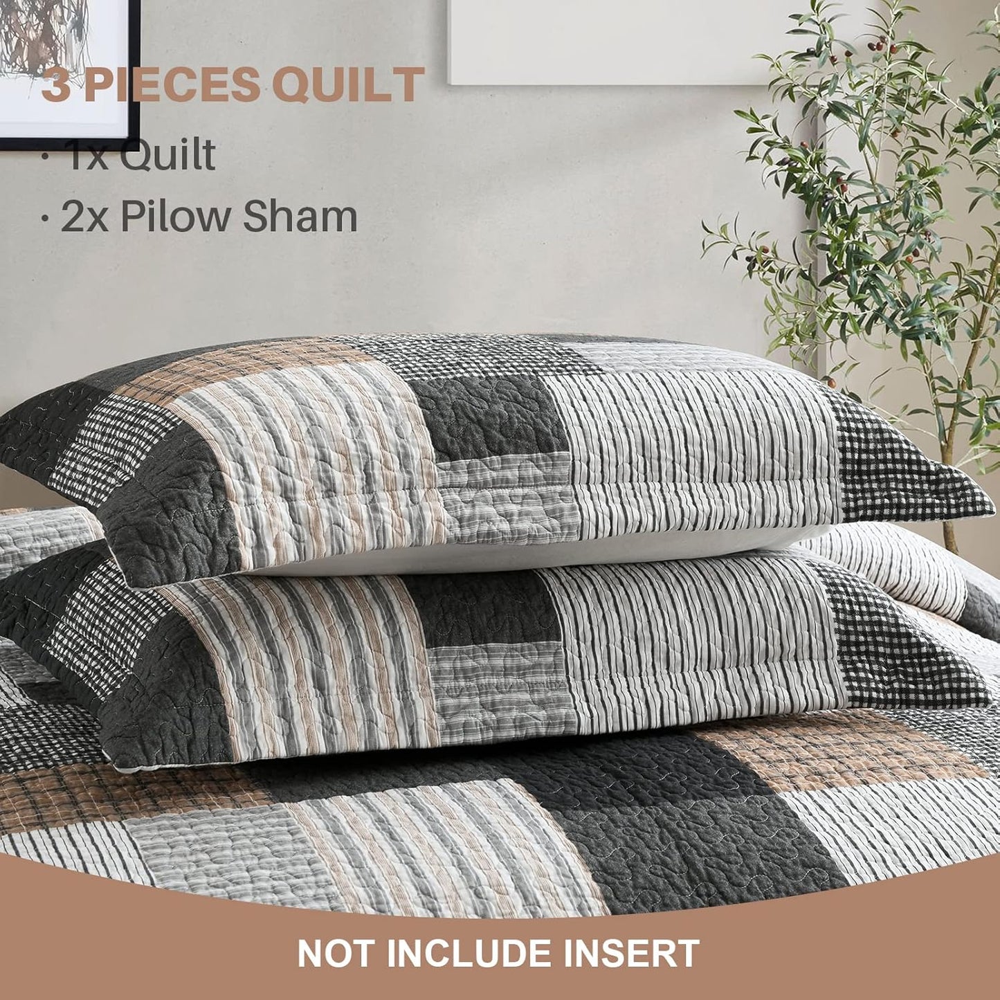 Y-PLWOMEN Quilt King Size - 3 Piece Cotton Quilts Lightweight Bedspreads Farmhouse Plaid King Size Quilt Cozy Reversible Quilt Bedding Set All Season, Grey Black Brown White