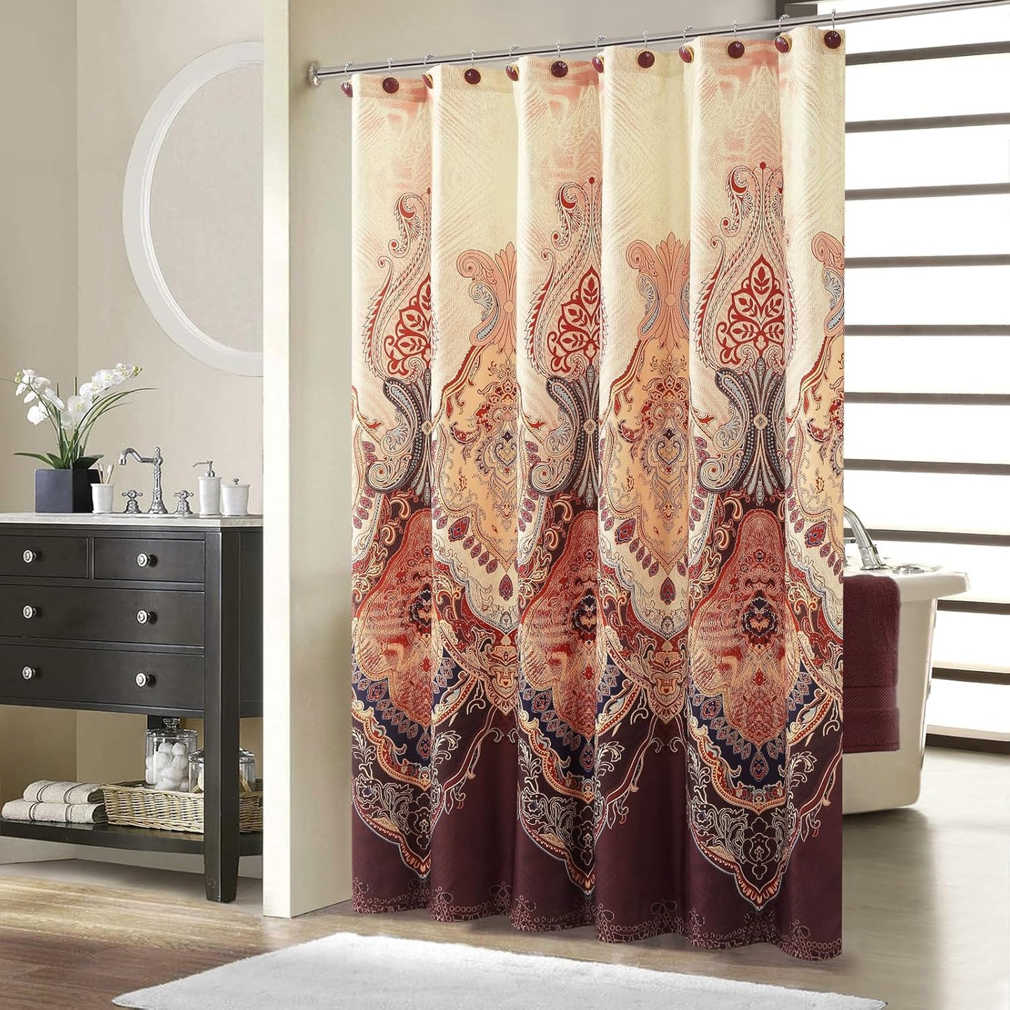 Long Shower Curtain 72x78 Inches, Water Repellent Fabric with Gold and Brown Baroque Pattern, 12 Metal Grommets and Weighted Hem