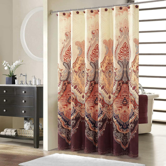 Extra Long Shower Curtain 72x90 Inches, Water Repellent Fabric with Gold and Brown Baroque Pattern, 12 Metal Grommets and Weighted Hem