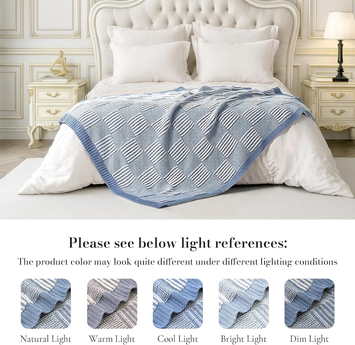 Amélie Home Checkered Knit Throw Blanket for Couch, Chenille Texture Decorative Soft Blanket for Sofa & Chair, 50"x60", Blue & White