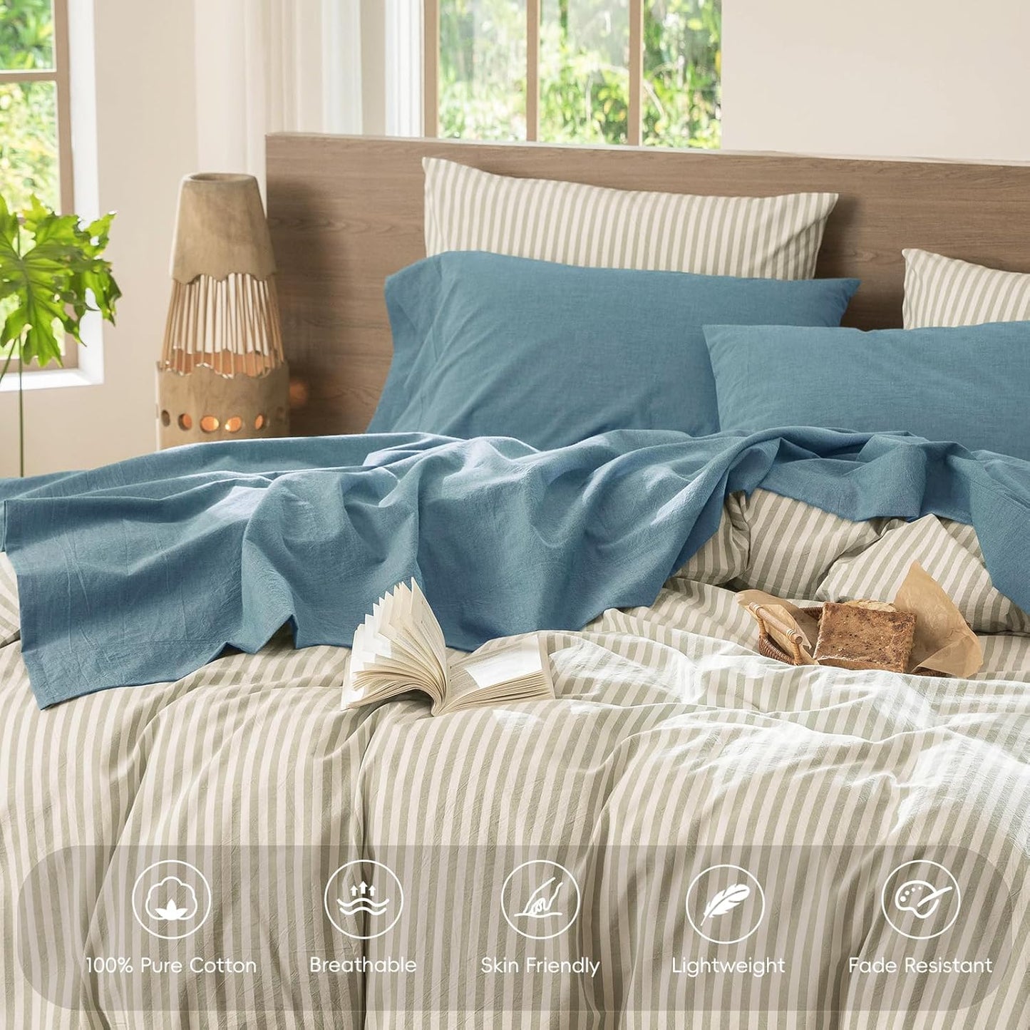 MooMee Bedding Sheet Set 100% Washed Cotton Linen Like Textured Breathable Durable Soft Comfy (Heathered Peacock Blue, Queen)