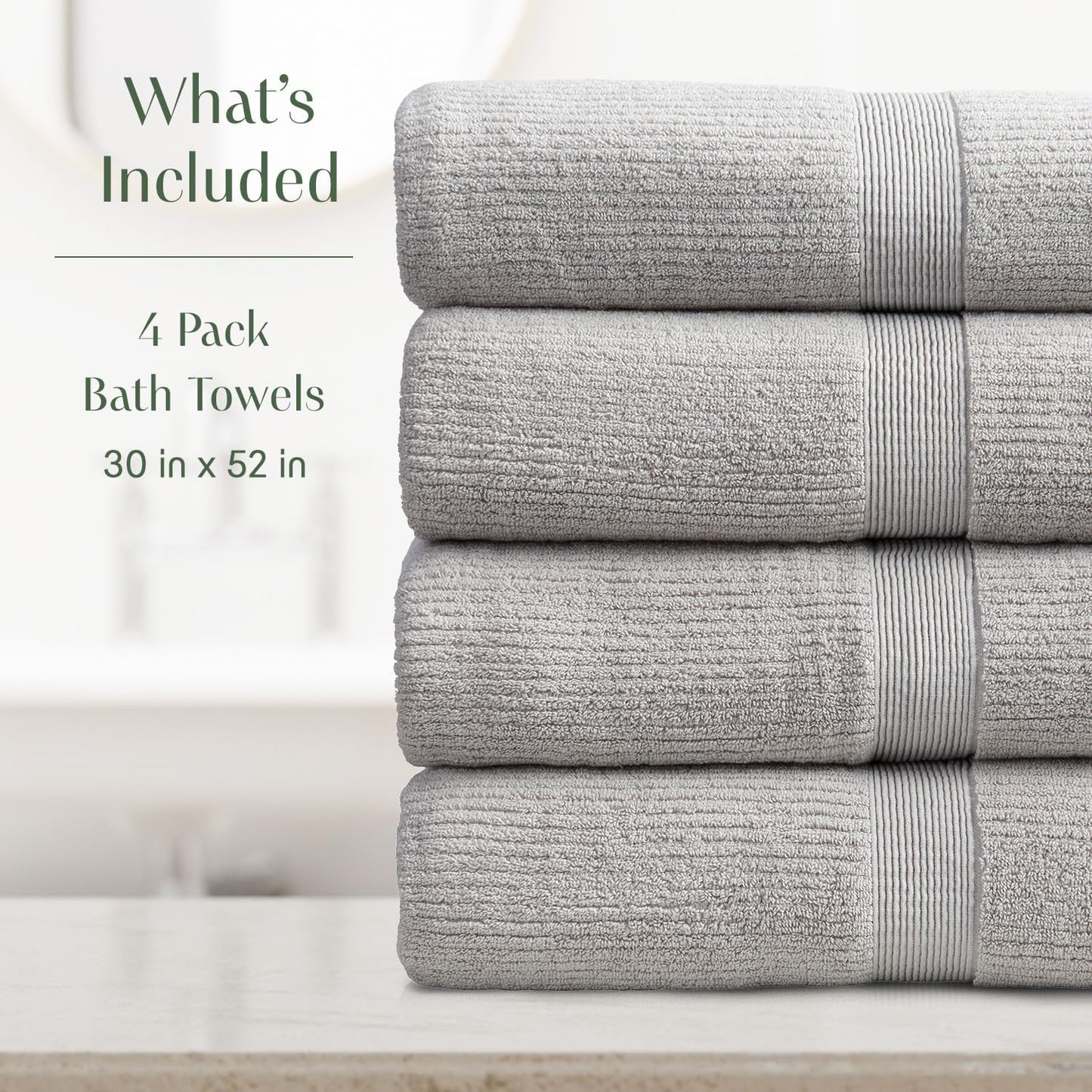 Springtree Home Grey Bath Towels Set of 4 | Ribbed Textured | 100% Combed Cotton | Absorbent Quick-Dry Gray Towels for Bathroom | Oeko-TEX® Standard 100 Cotton | Mauro Collection - High Rise Grey
