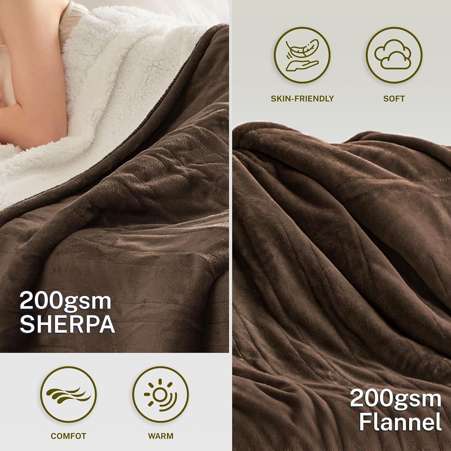 Heat Blanket 72”x84” Full Size,Soft Flannel & Sherpa Reversible Electric Blanket with 10 Heat Settings,12 Timer Setting and 8 Hours Auto-Shut Off,ETL Certified Machine Washable,Dark Brown