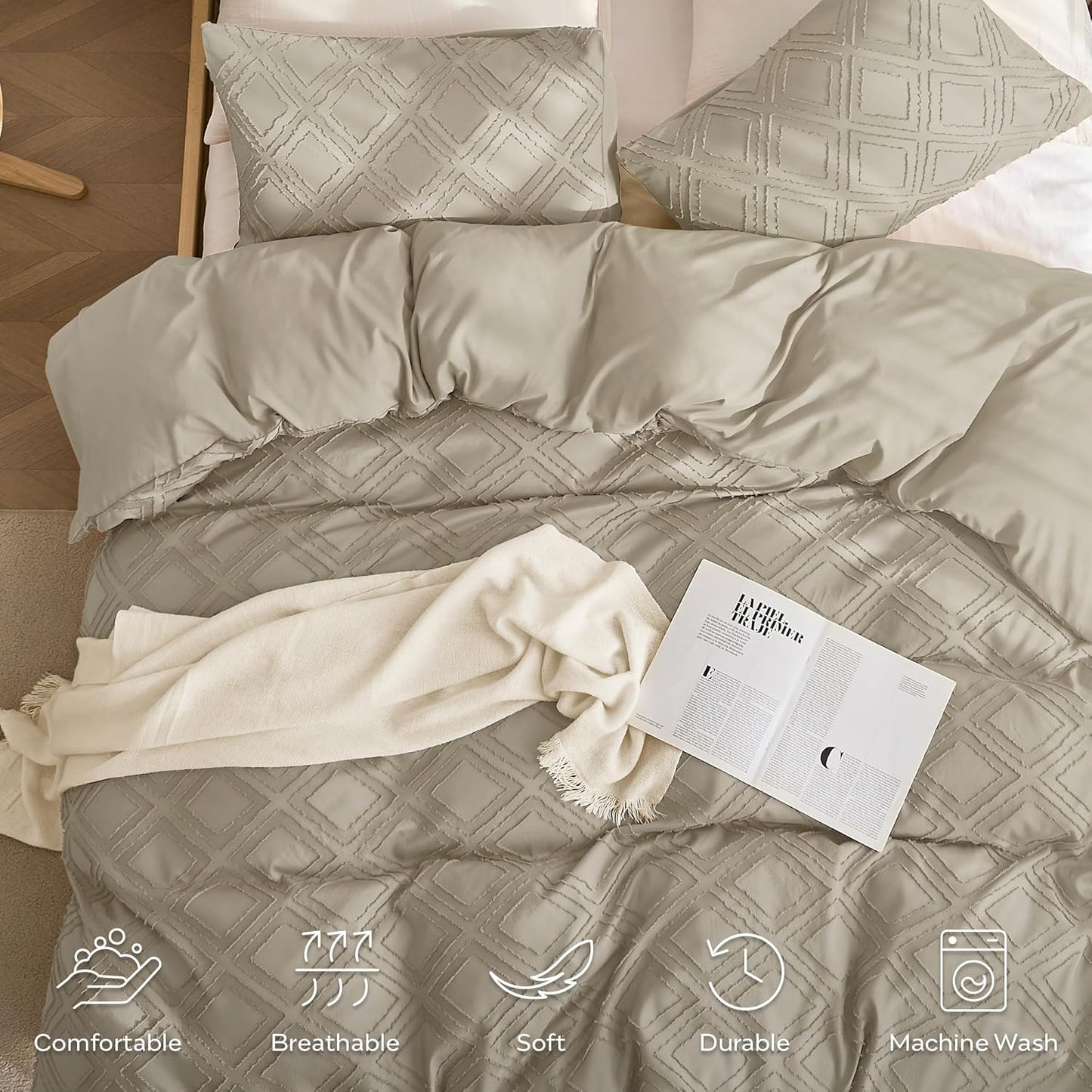 JELLYMONI Duvet Cover King Size Khaki - 3PCS Boho Duvet Cover Set Plaid Polyester Tufted Bohemian Jacquard Knit Textured Comforter Cover 104×90in Rhombic Geometric Pattern Zipper Corner Tie