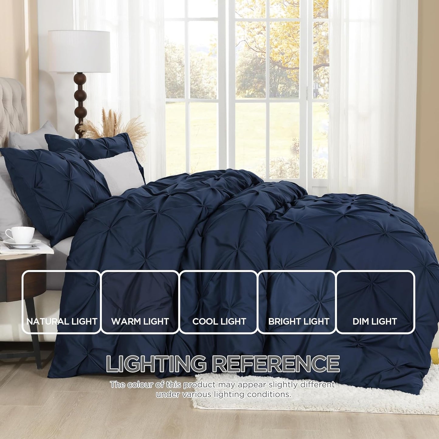 Litanika Navy Blue California King Pinch Pleat Duvet Cover, 3 Pieces Pintuck Cover Soft Microfiber Bedding Set with Zipper Closure & Corner Ties(1 Duvet Cover, 2 Pillowcases)