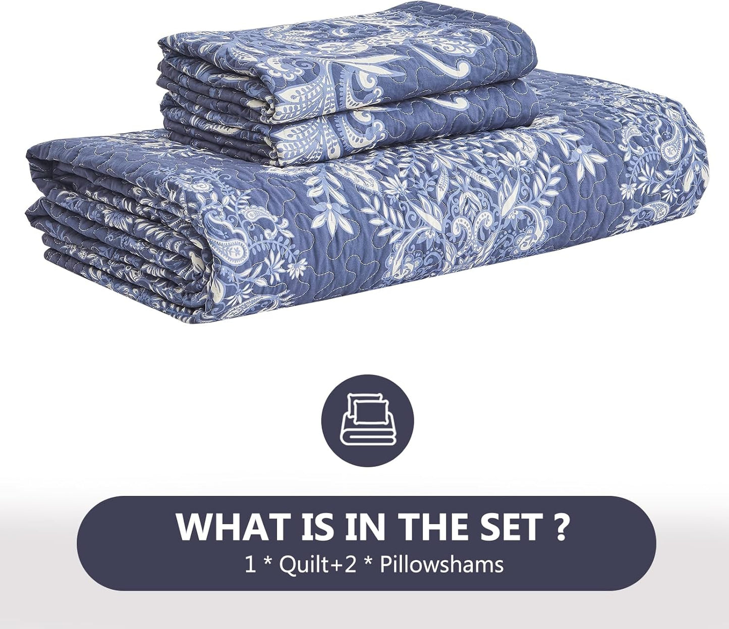 100% Cotton Quilt Set King Size - Damask Pattern Quilted Comforter, Vintage Reversible King Quilt Bedspread, Lightweight Bedding for King Bed, 3pcs, Blue