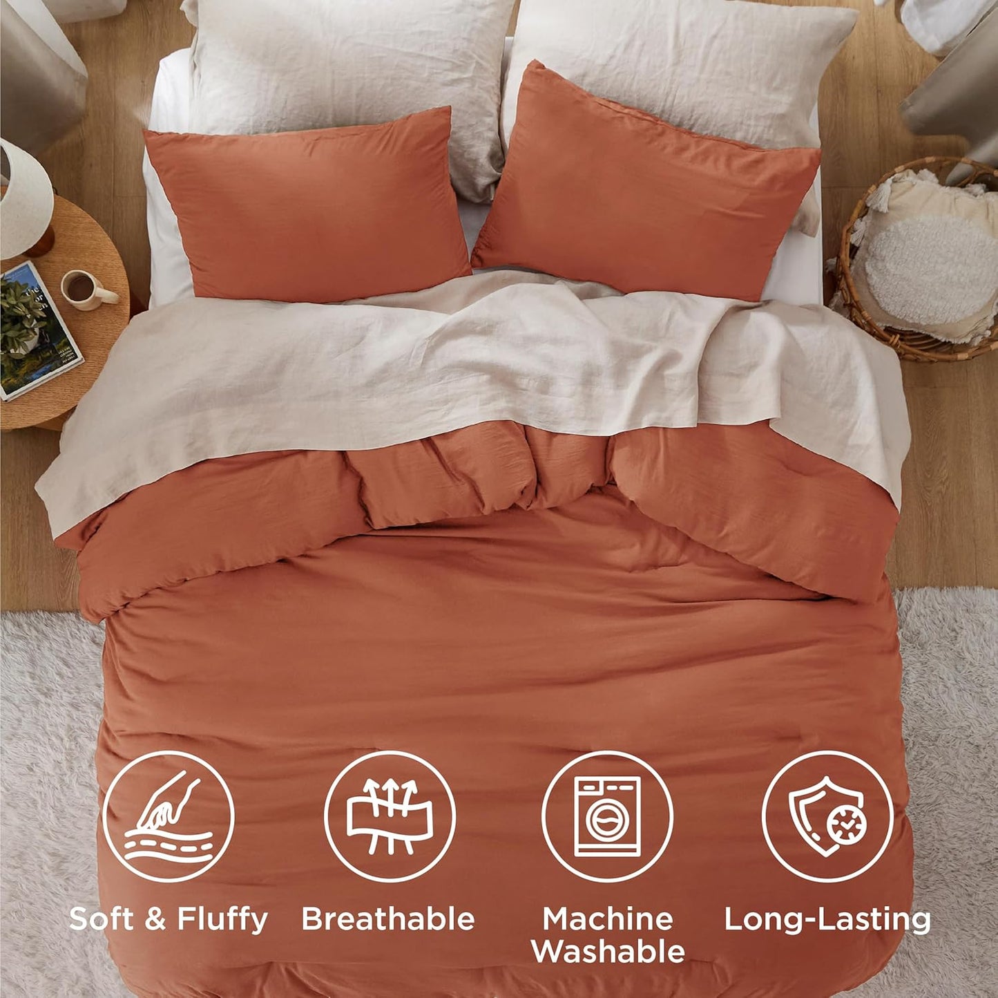 Bedsure Full Size Comforter Set, Burnt Orange Soft Prewashed Bedding for All Seasons, 3 Pieces GentleSoft™ Warm Down Alternative Bed Set, 1 Lightweight Comforter (82"x86") and 2 Pillowcases (20"x26")