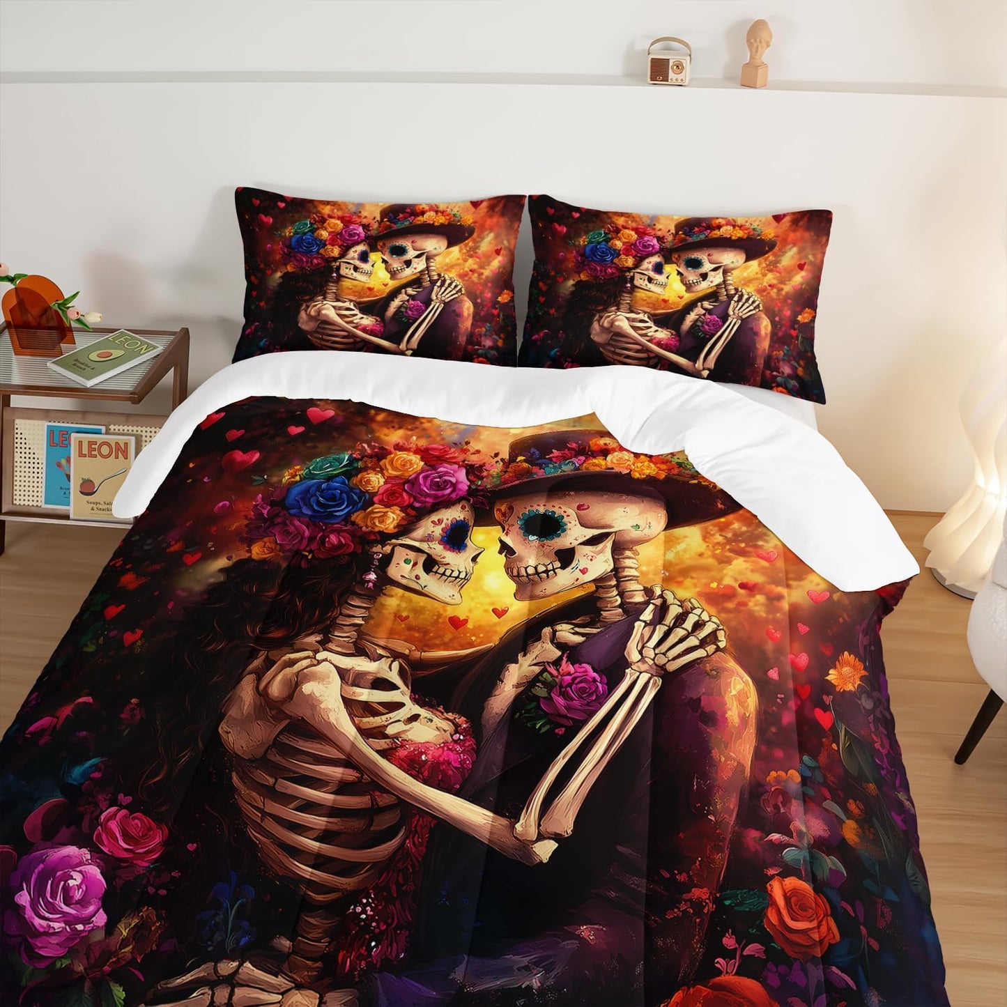 Skull Printed Comforter Set King Size,Skeleton Couple Embrace Bedding Romantic Flower Comforter Set for Kids Girls Room Decor,Artistic Aesthetics Bedding Set with 2 Pillowcases.