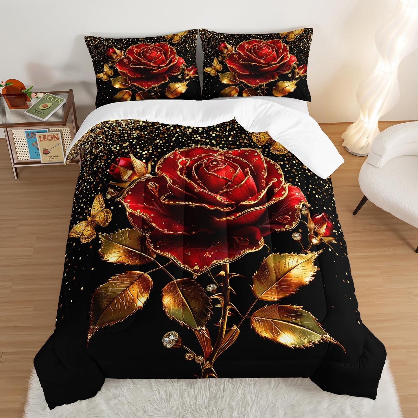 Gold Red Rose Comforter Set Full Size,Golden Glitter Butterfly Pattern Bedding for Girls Women Couple Lover,Romantic Floral Themed Bedding Set with 2 Pillowcases.