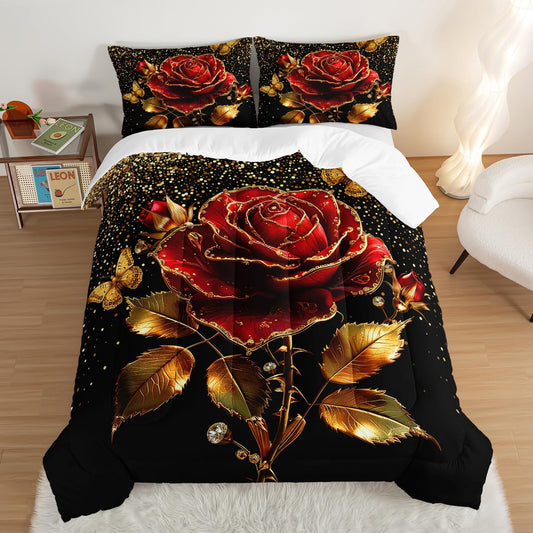 Gold Red Rose Comforter Set Queen Size,Golden Glitter Butterfly Pattern Bedding Set for Girls Women Couple Lover,Romantic Valentine's Day Floral Themed Bedding Set with 2 Pillowcases.