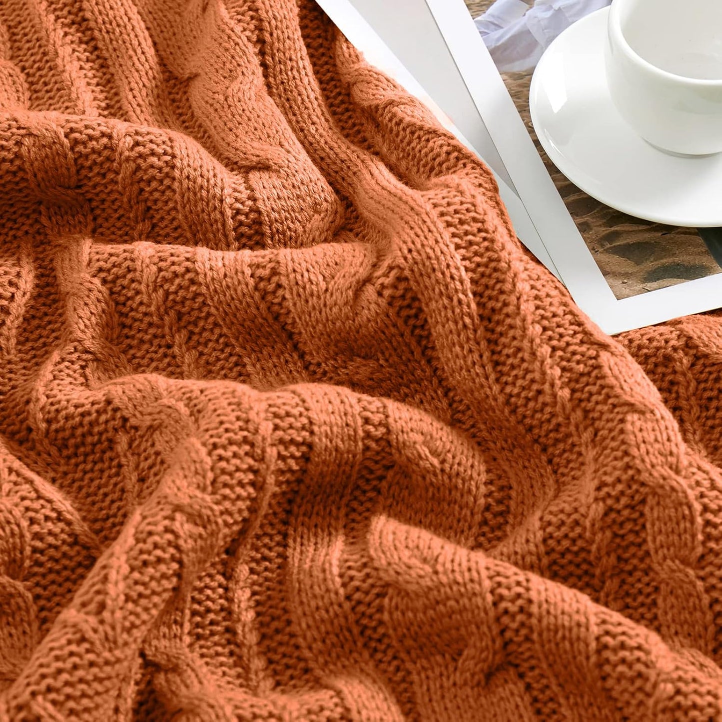 Aormenzy Rust Orange Cable Knit Throw Blankets for Couch Bed Sofa, Acrylic Knitted Blanket, Soft Cozy Throw Blanket, 50" x 60"