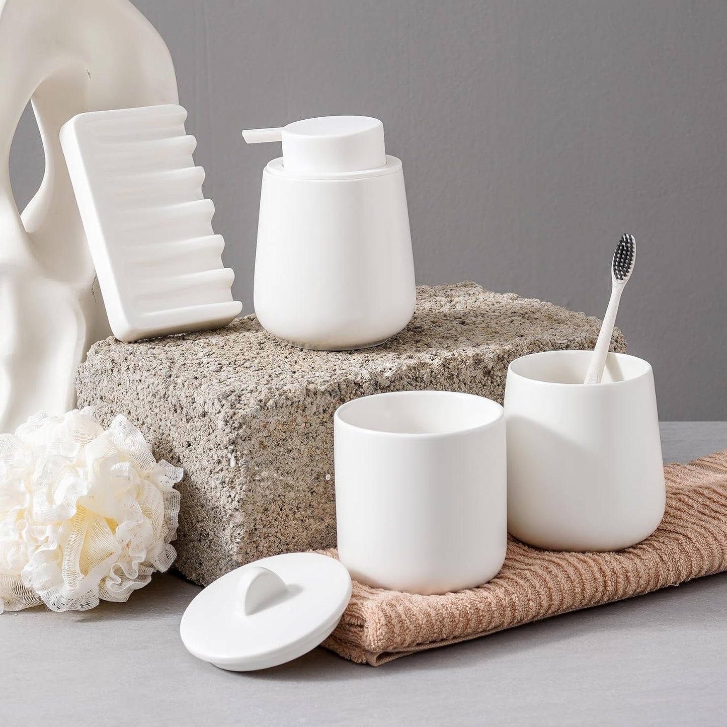 Ceramic Bathroom Accessories Set, Lotion Soap Dispenser and Toothbrush Holder Set, Soap Dish, Apothecary Jars,4 Pieces for Home Modern Bathroom Decor Vanity Countertop(White Set - Liquid)