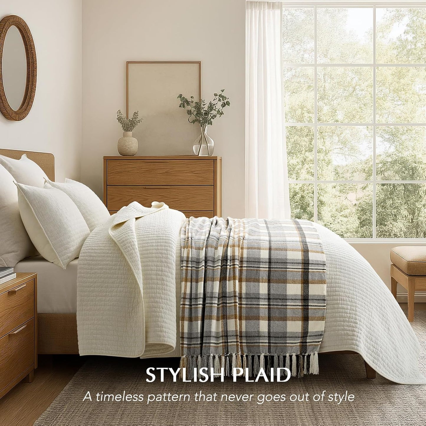 EVERGRACE Plaid Chenille Throw Blanket for Couch, Super Soft Cozy Decorative Farmhouse Plaid Throw with Tassels, Lightweight Chenille Knit Throw for Bed Sofa Gift Home Decor, Grey & Beige 60"x80"