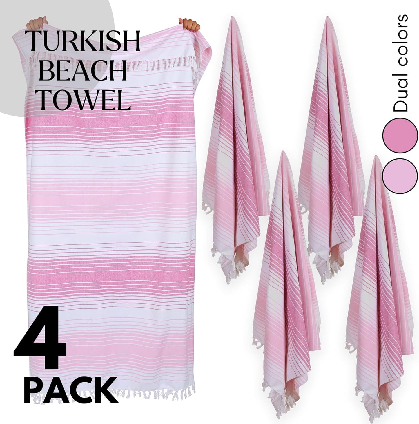 Native Fab Turkish Stripe Beach Towels 4 Pack - 40x71 Inch 100% Cotton Quick Dry Lightweight Thin Sand Free - Extra Large Peshtemal Towel for Adults Travel Bath Spa Pool Camp, Pink
