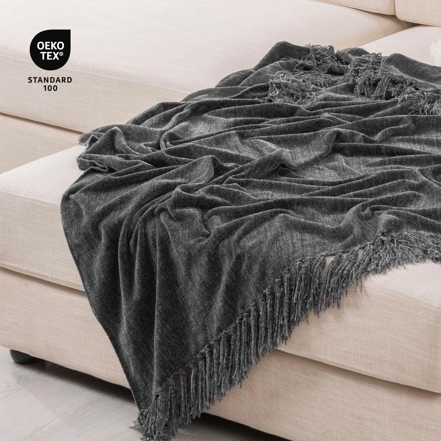 RECYCO Throw Blanket Soft Cozy Chenille Throw Blanket with Fringe Tassel for Couch Sofa Chair Bed Living Room Gift (Dark Gray, 50" x 60")