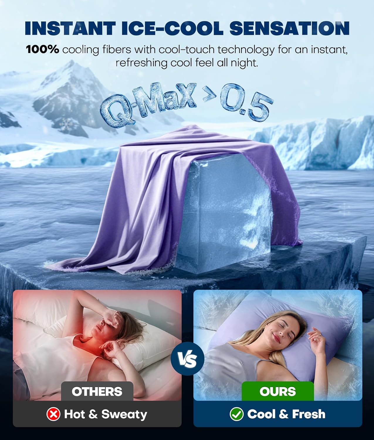 Ultra-Chill Cooling Pillowcase Set of 2 for Hot Sleepers, Softer Than Silk Pillow Cases for Protecting Hair & Skin, Breathable Bed Pillow Covers w/Zipper, Gifts for Women & Men(Purple, King)