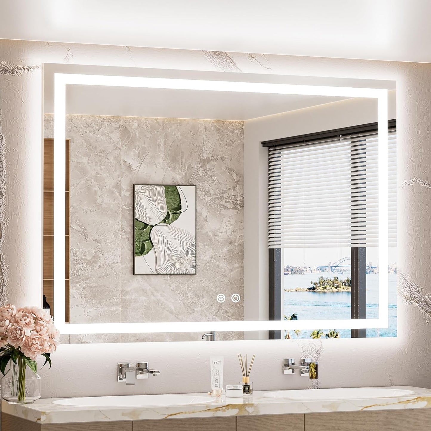 TETOTE LED Bathroom Mirror with Lights 48 x 36 Brighter Light up Mirror for Bathroom Vanity, Front and Backlit Lighted Antifog Mirror Wall Mounted, 3-Color Dimmable, Waterproof, Tempered Glass