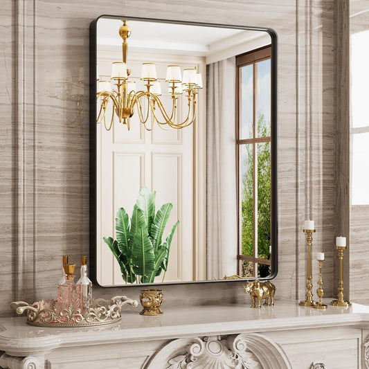 Black Bathroom Mirror 20X30 Inch, Black Metal Framed Mirror for Wall, Rounded Rectangle Matte Bathroom Vanity Mirror with Tempered Glass, Anti-Rust, Horizontal/Vertical