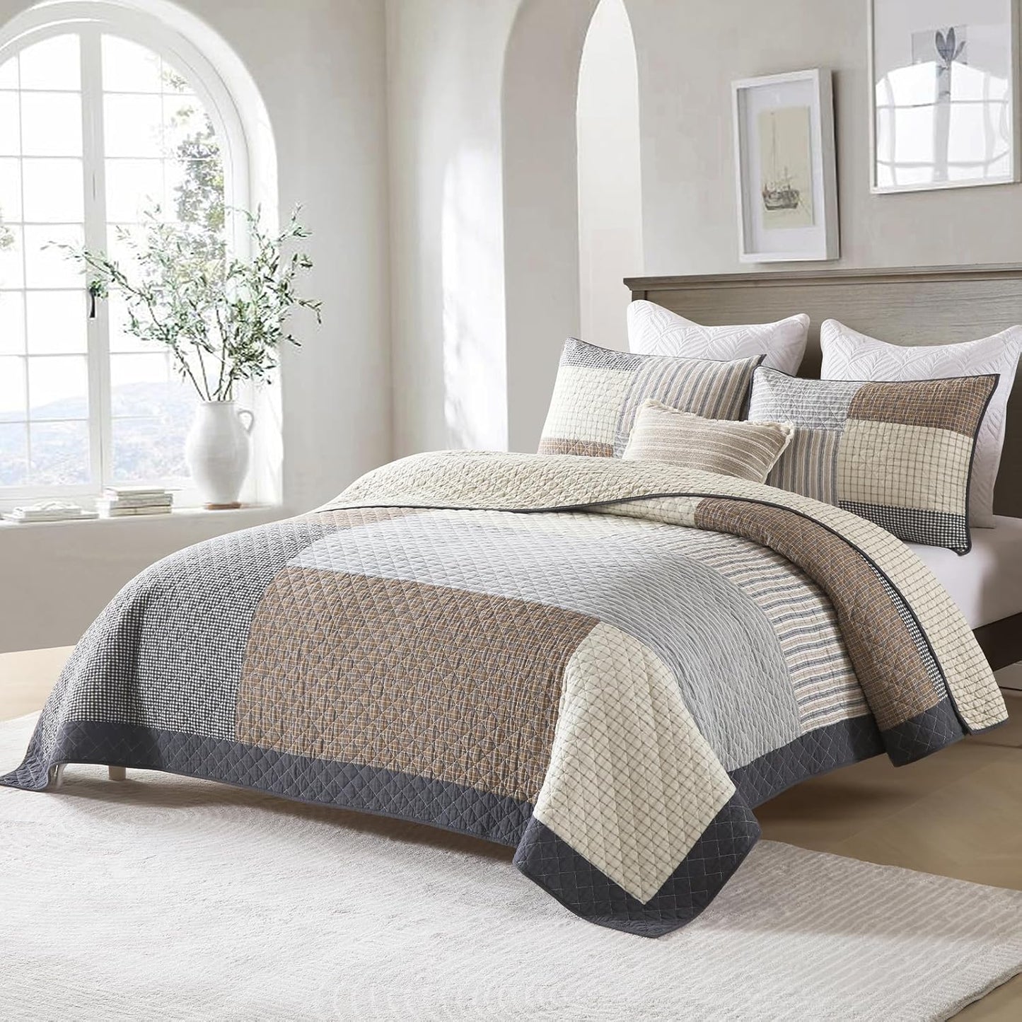 Uniclinens Quilt Set King Size, 100% Cotton Quilted Quilt Bedding Set Bedspread, Real Patchwork Plaid Quilt, Lightweight Quilted Comforter Set, 3 Pieces Set with 2 Pillowshams, Brown/Beige/Gray
