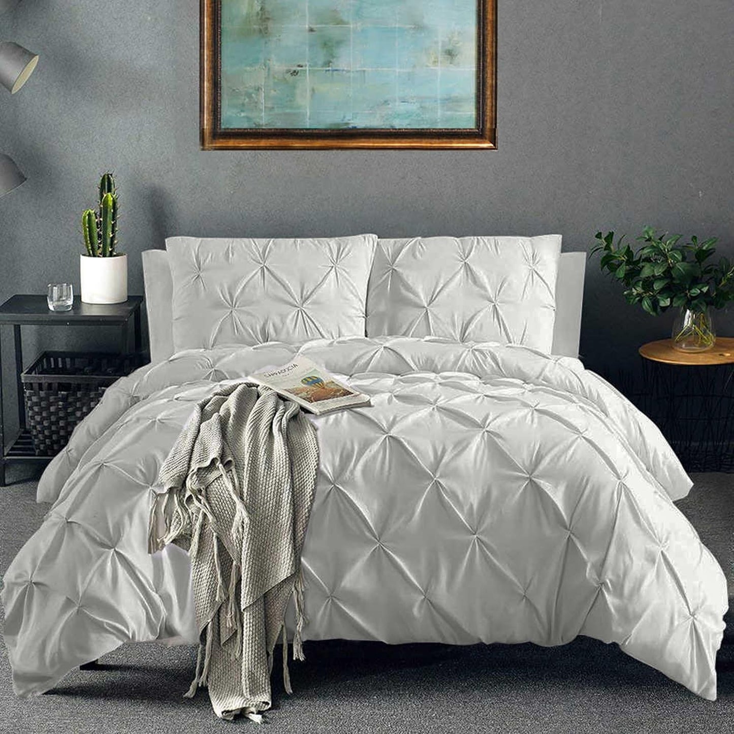 Pinch Pleated Duvet Cover Set 100% Brushed Microfiber 3PC Oversize Size 98x120 Duvet Cover Set, Decorative Pinch Design Silver Grey Duvet Cover with Matching Pillow Case