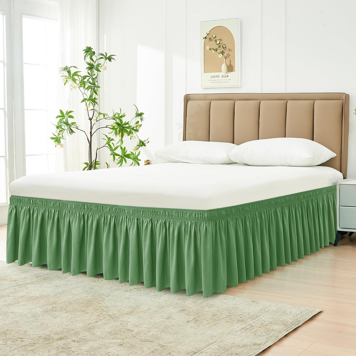 Biscaynebay Wrap Around Bed Skirts for Queen Beds Short Drop of 12", Sage Adjustable Elastic Dust Ruffles Easy Fit Wrinkle Resistant Silky Luxurious Fabric Machine Washable