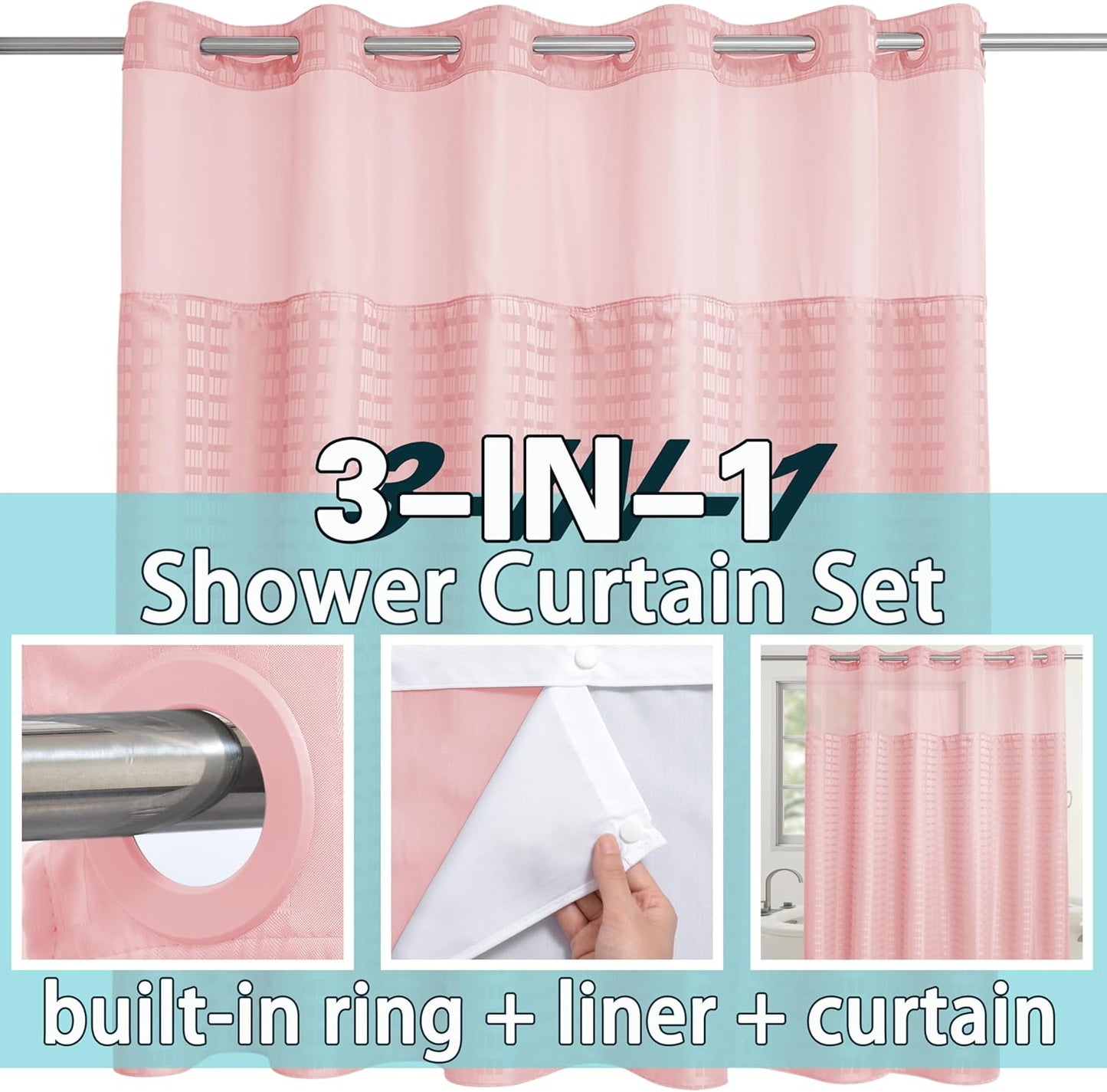Conbo Mio Extra Wide No Hook Shower Curtain with Snap in Liner Set, 108" x 74" Hotel Luxury Pink Shower Curtains for Bathroom with See Through Top Window, Waterproof, Washable 108W x 74H