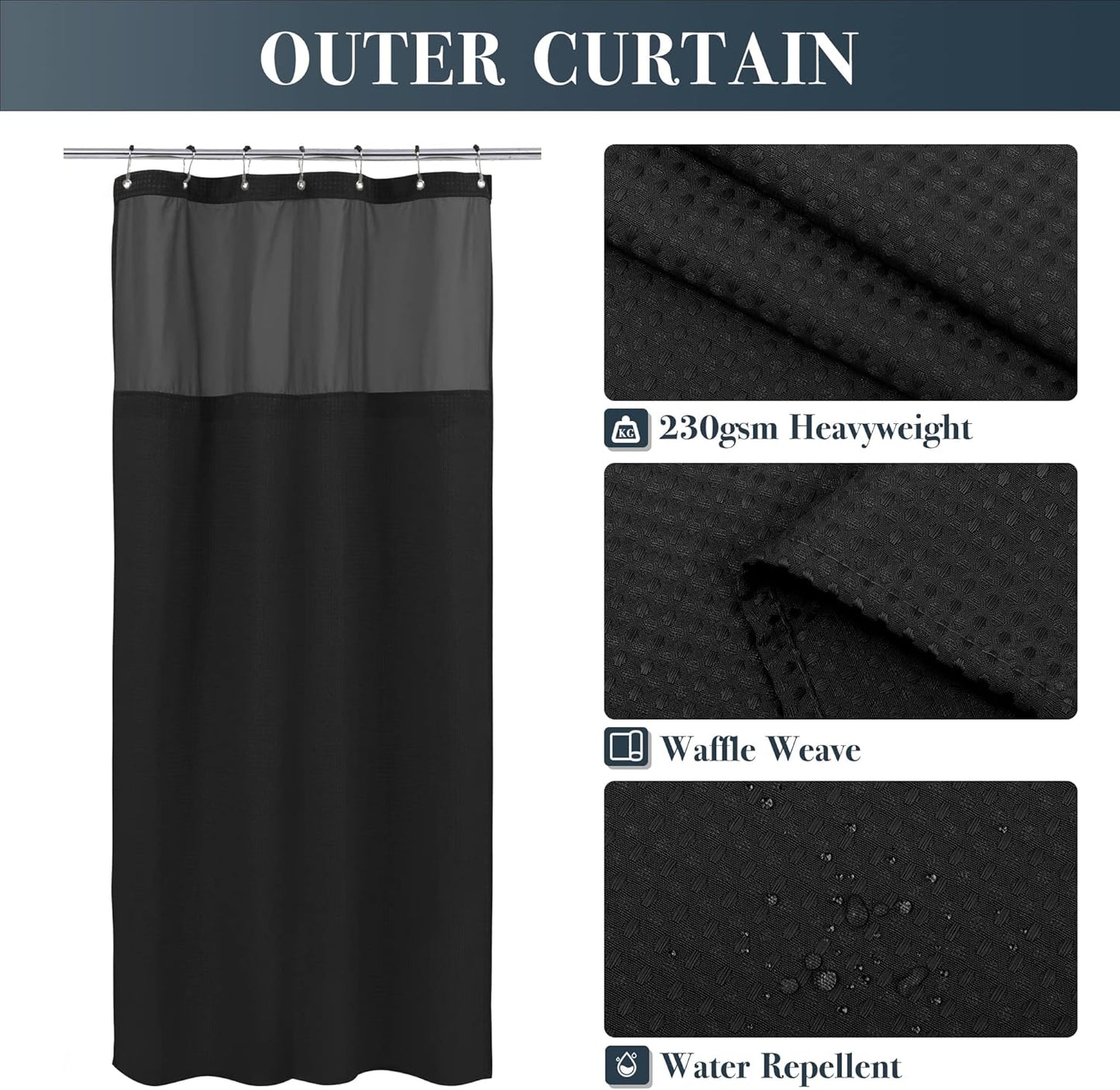 N&Y HOME Stall Waffle Weave Shower Curtain with Snap-in Fabric Liner & Hooks Set - 36" x 72" Small Shower Stall Size, Hotel Style & Mesh Top Window, Machine Washable - 36x72, Black