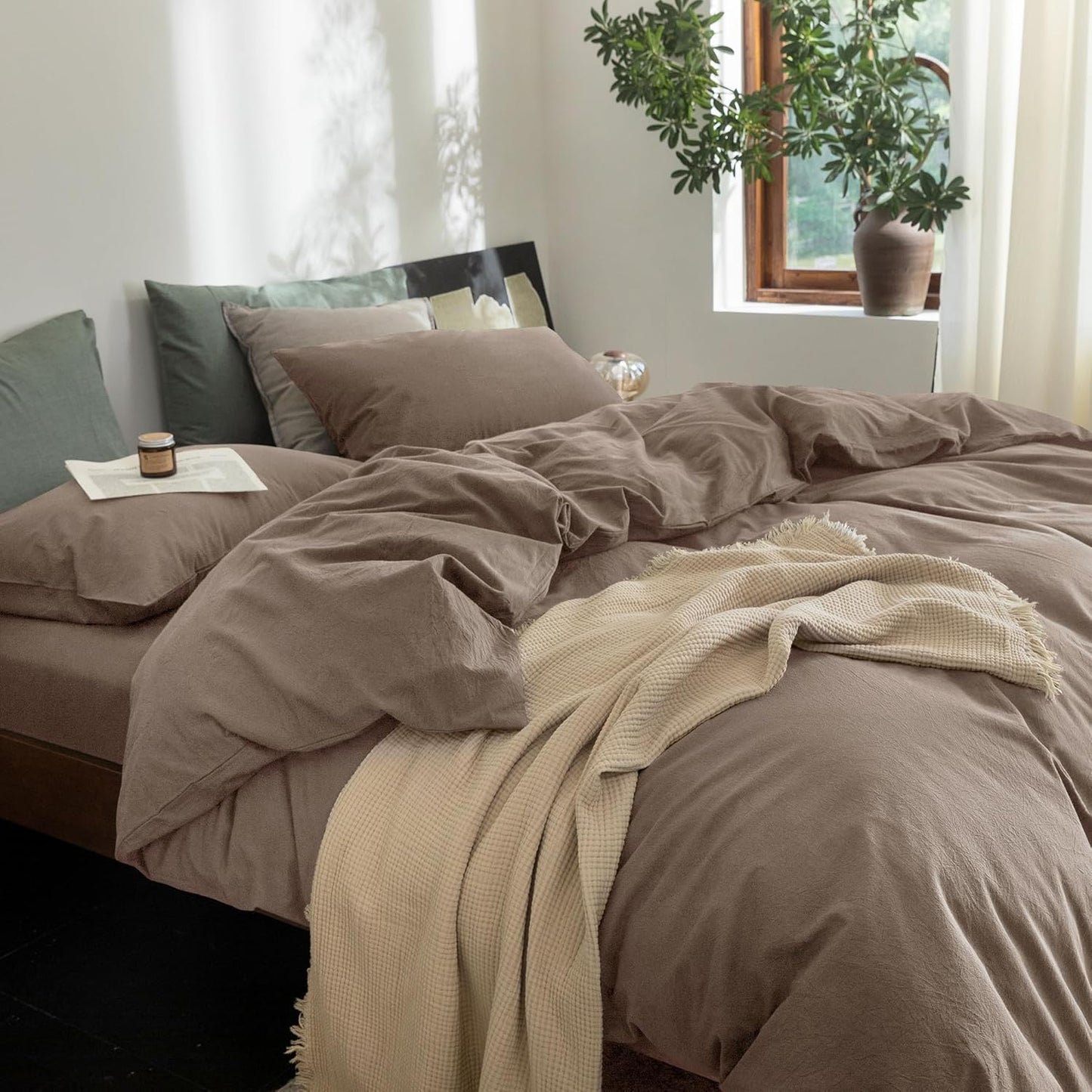 FOSSA Duvet Cover Set 100% Washed Cotton Linen Feel Super Soft Breathable Cozy 3 Pieces Bedding Sets Solid Black Super Queen