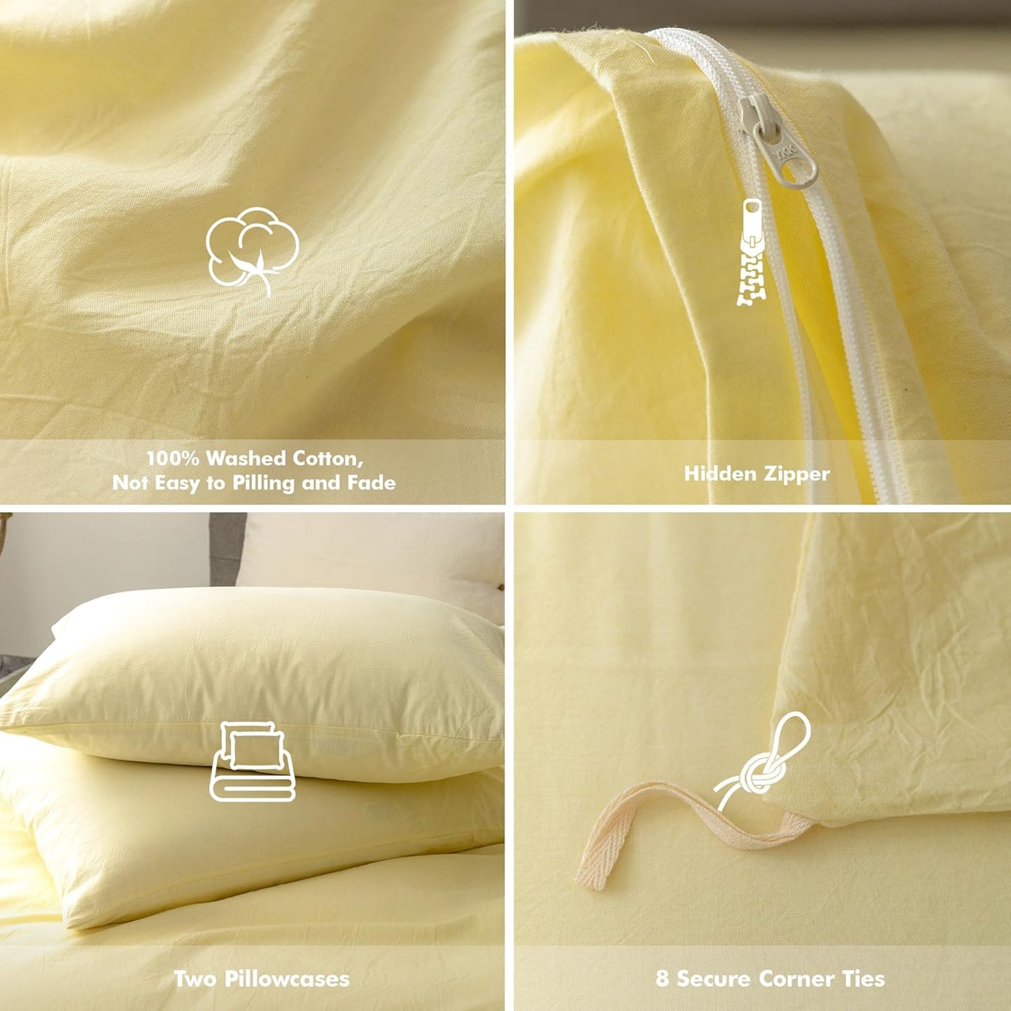 FOSSA Duvet Cover Set 100% Washed Cotton Linen Feel Super Soft Breathable Cozy 3 Pieces Bedding Sets Solid Pastel Yellow California King