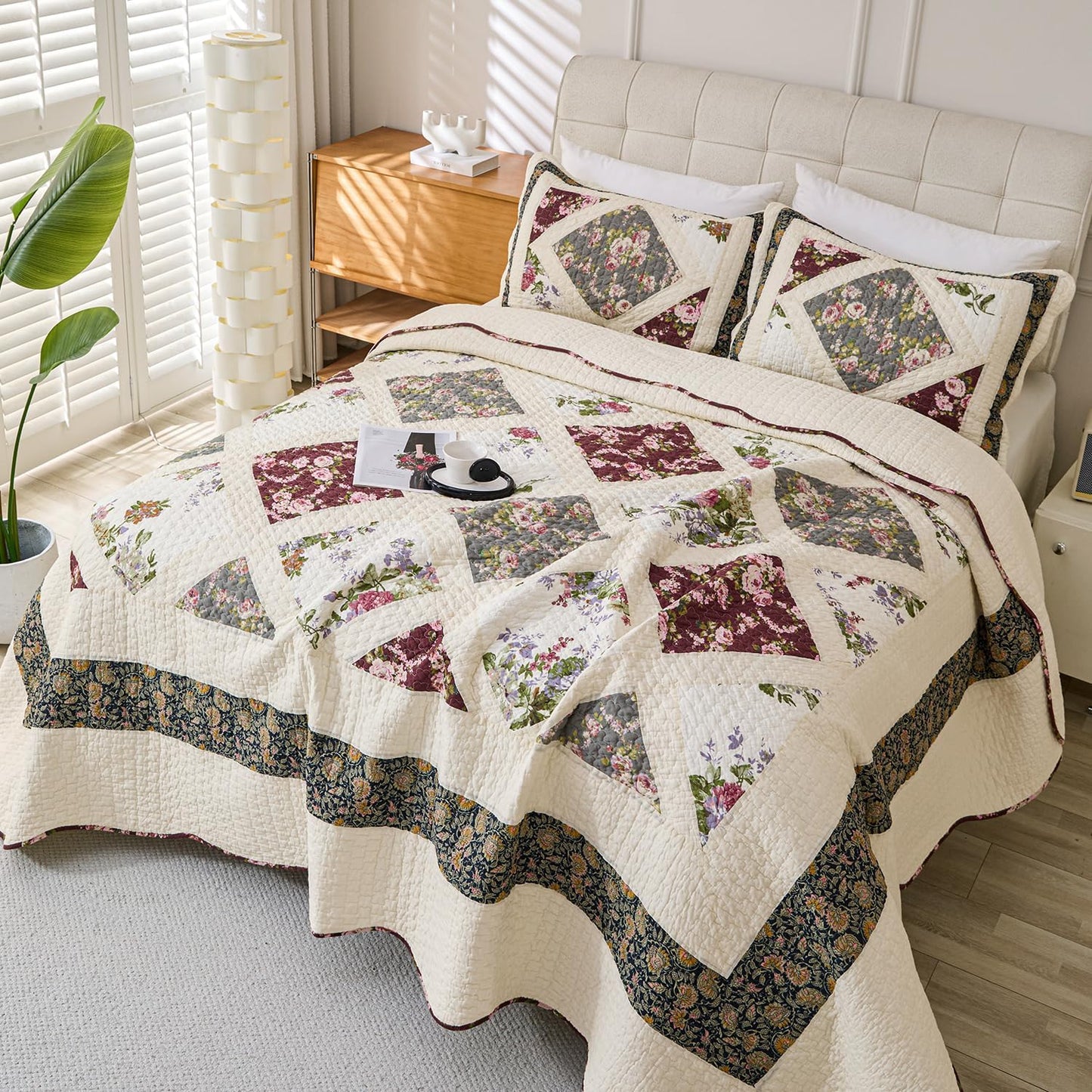 Cmfshape Floral Quilt Sets Bedspread Set 100% Cotton Patchwork Bedding Set,All Season Use Lightweight Reversible Coverlet Quilts with 2 Pillow Shams(Queen 92"x96")
