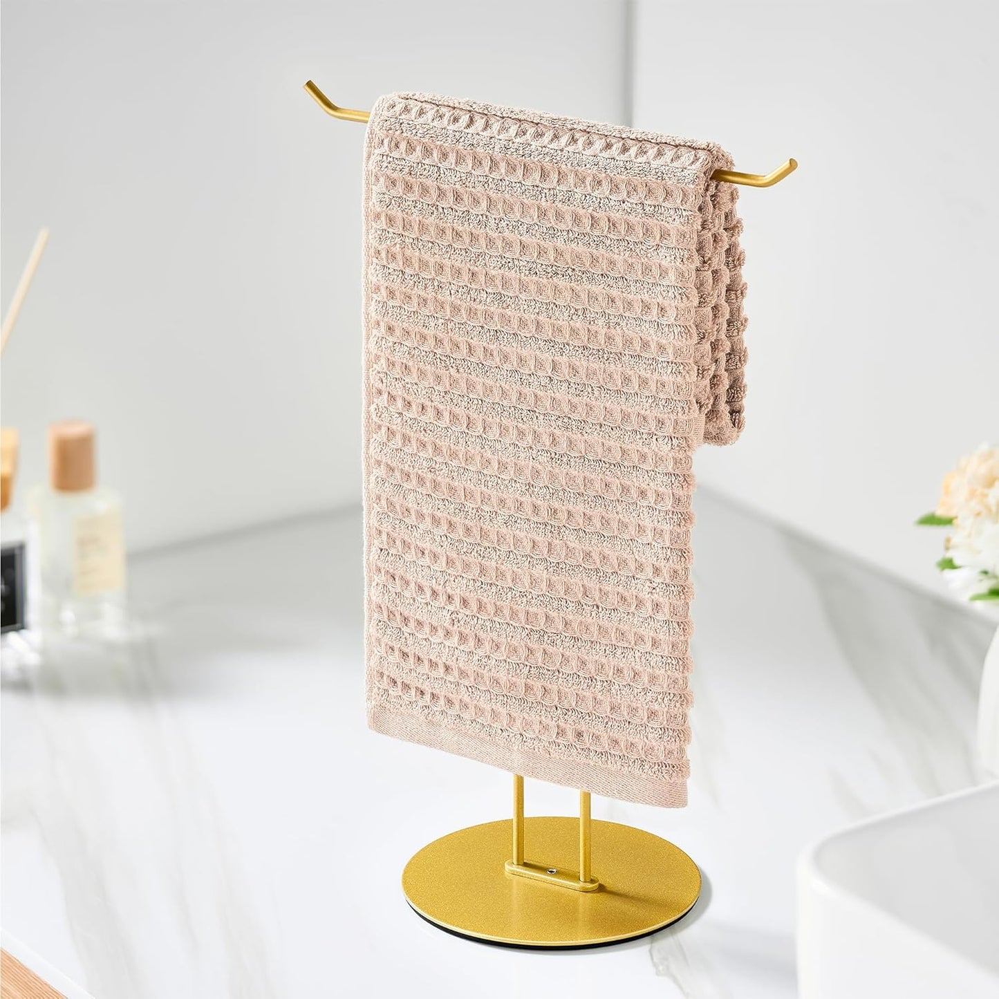 T-Shaped Hand Towel Holder Stand – Countertop Stainless Steel Towel Rack with Non-Slip Base for Bathroom, Kitchen, Vanity, Shiny Gold