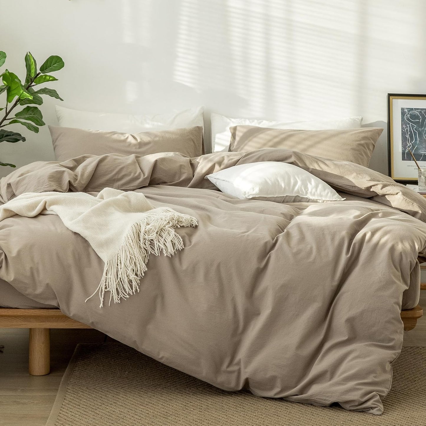 MooMee Bedding Duvet Cover Set 100% Washed Cotton Linen Like Textured Breathable Durable Soft Comfy (Solid Light Camel, Super Queen 90"x98")