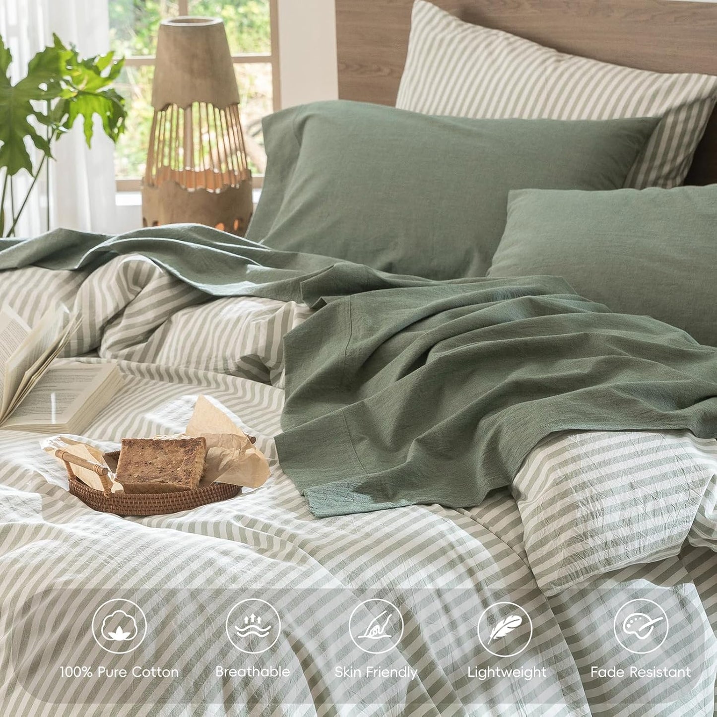MooMee Bedding Sheet Set 100% Washed Cotton Linen Like Textured Breathable Durable Soft Comfy (Heathered Green, Queen)