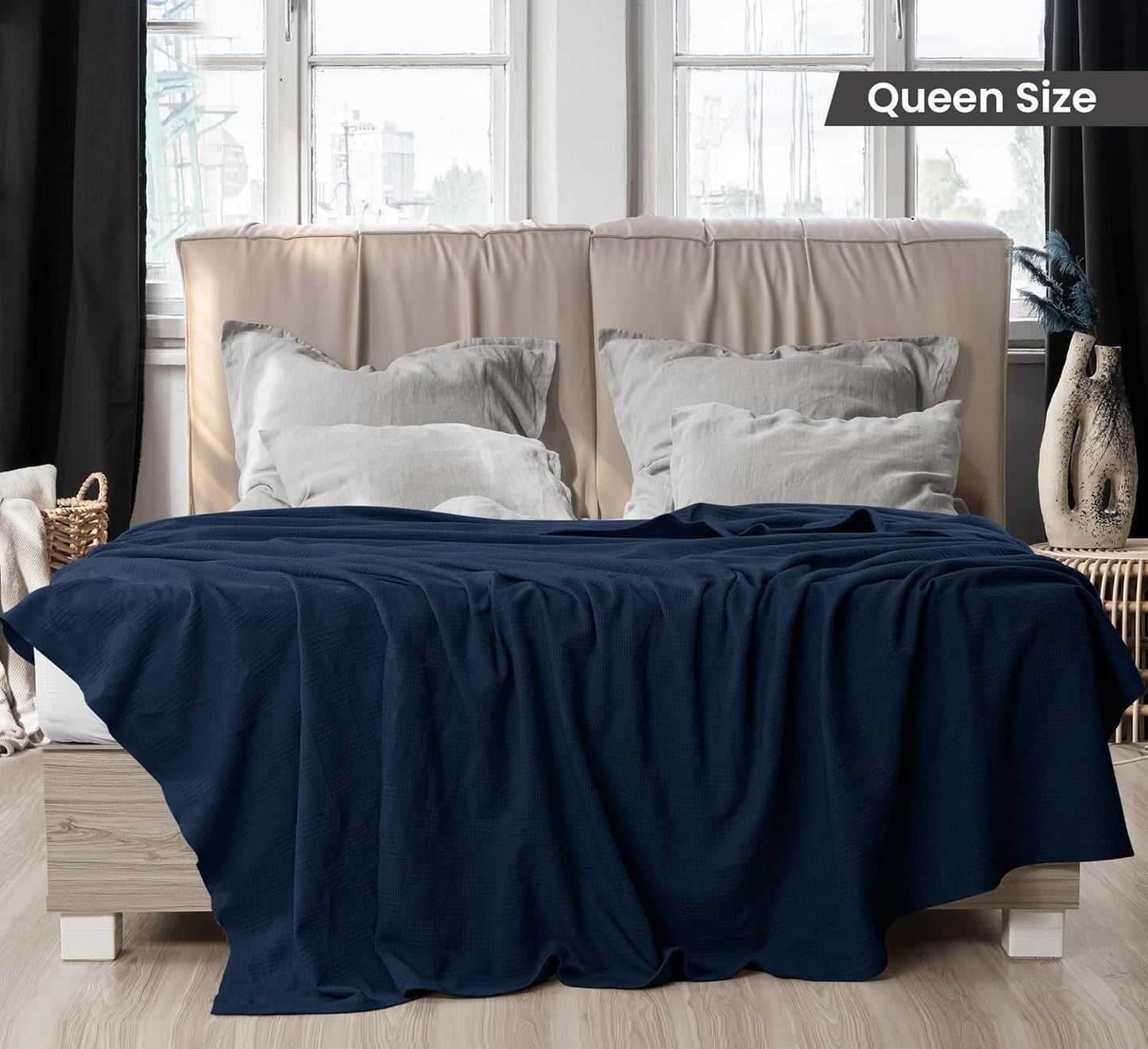 Utopia Bedding Navy 100% Cotton Blanket [Queen Size - 90x90 Inch] 350GSM Lightweight, Soft and Breathable Thermal Blanket for All Seasons