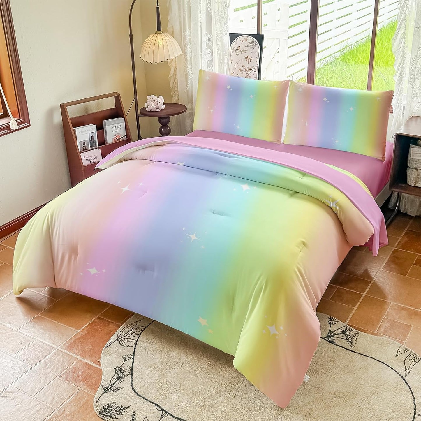 Rainbow Bedding Set Full Size – 5 Piece Reversible Girls Comforter with Deep-Pocket Sheet, Gradient Galaxy Design, Whole-Piece Filling, Machine Washable Bed-in-a-Bag for Kids Room Makeover & Gifts