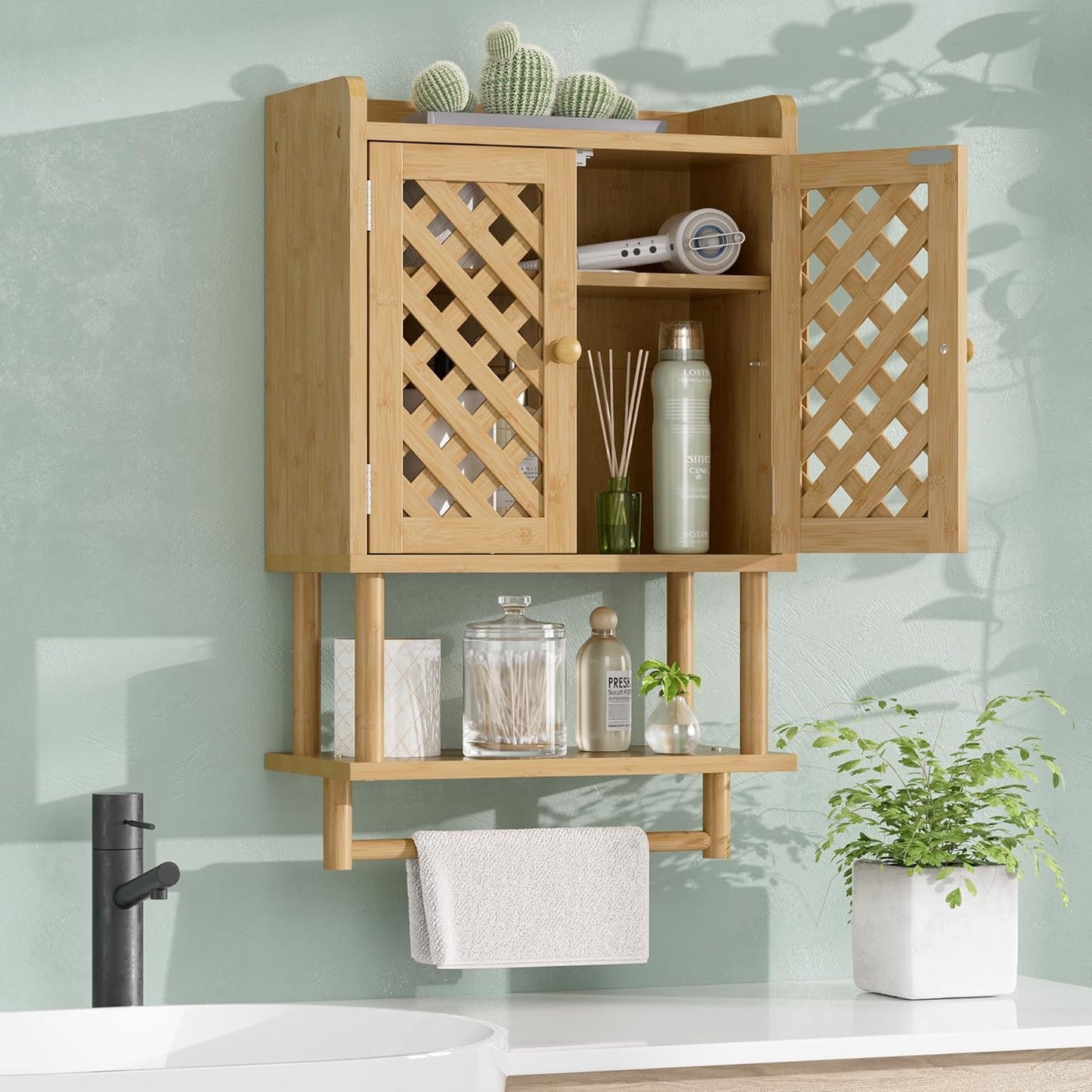 AmazerBath Bathroom Wall Cabinets, Bamboo Medicine Cabinet with Grille Door, Over The Toilet Storage Cabinet with Towel Bar, Wall Mounted Cabinet with Adjustable Shelves for Small Spaces