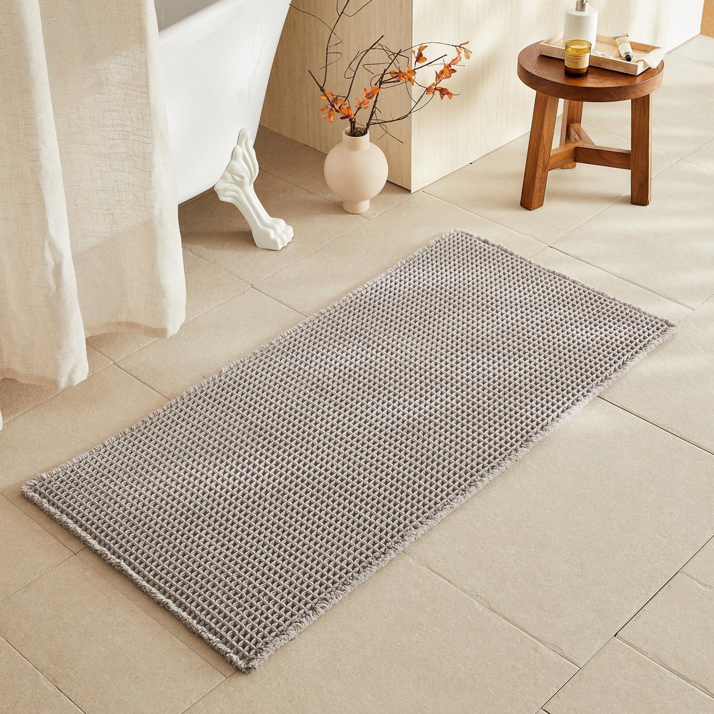 Waffle Bath Mat, Boho Bathroom Rugs Non Slip Washable Super Absorbent Quick Dry Bath Mat Farmhouse Bathroom Decor, 48"x24" Light Grey