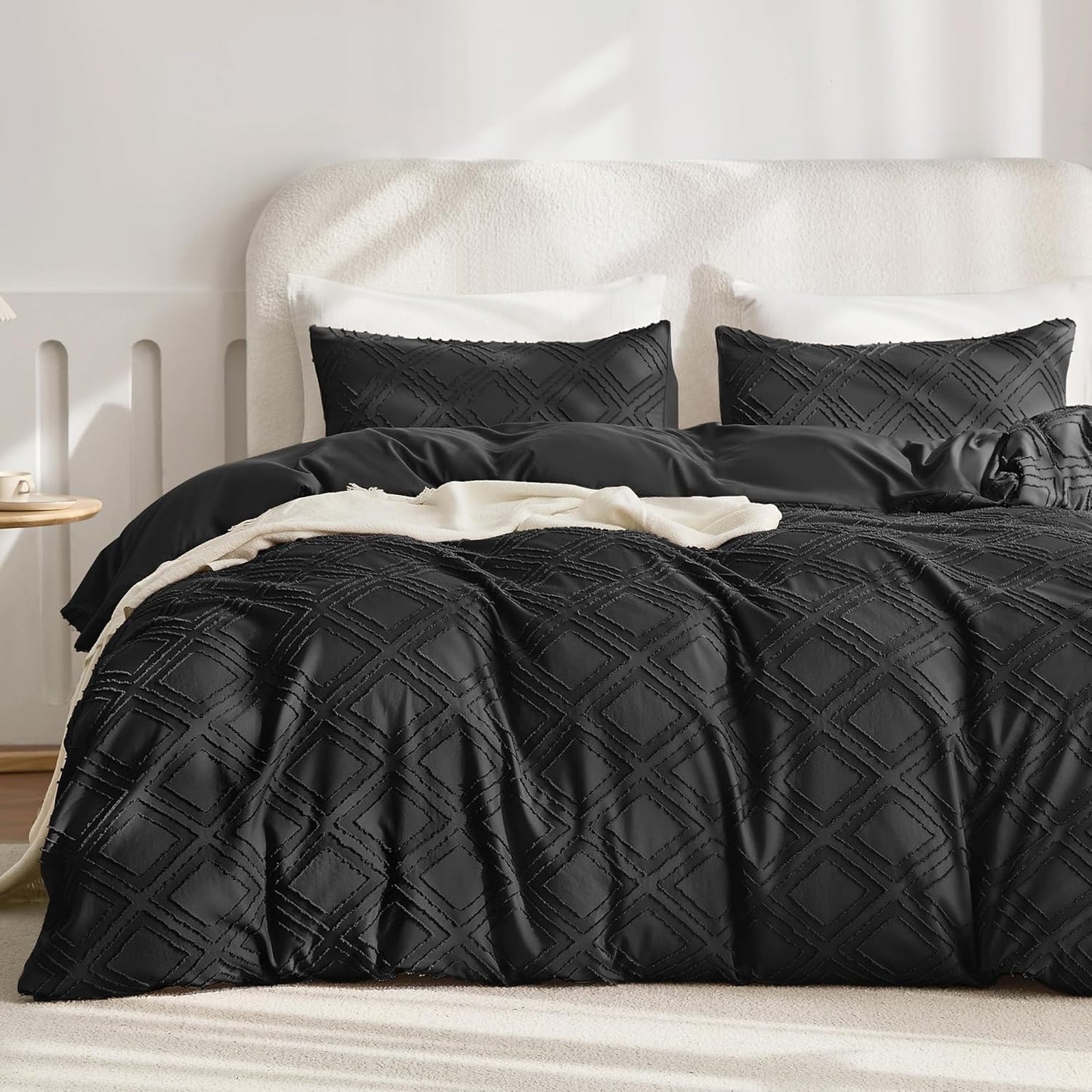 JELLYMONI Duvet Cover Twin Size Black - 3PCS Boho Duvet Cover Set Plaid Polyester Tufted Bohemian Jacquard Knit Textured Comforter Cover 68×90in Rhombic Geometric Pattern Corner Ties & Zipper