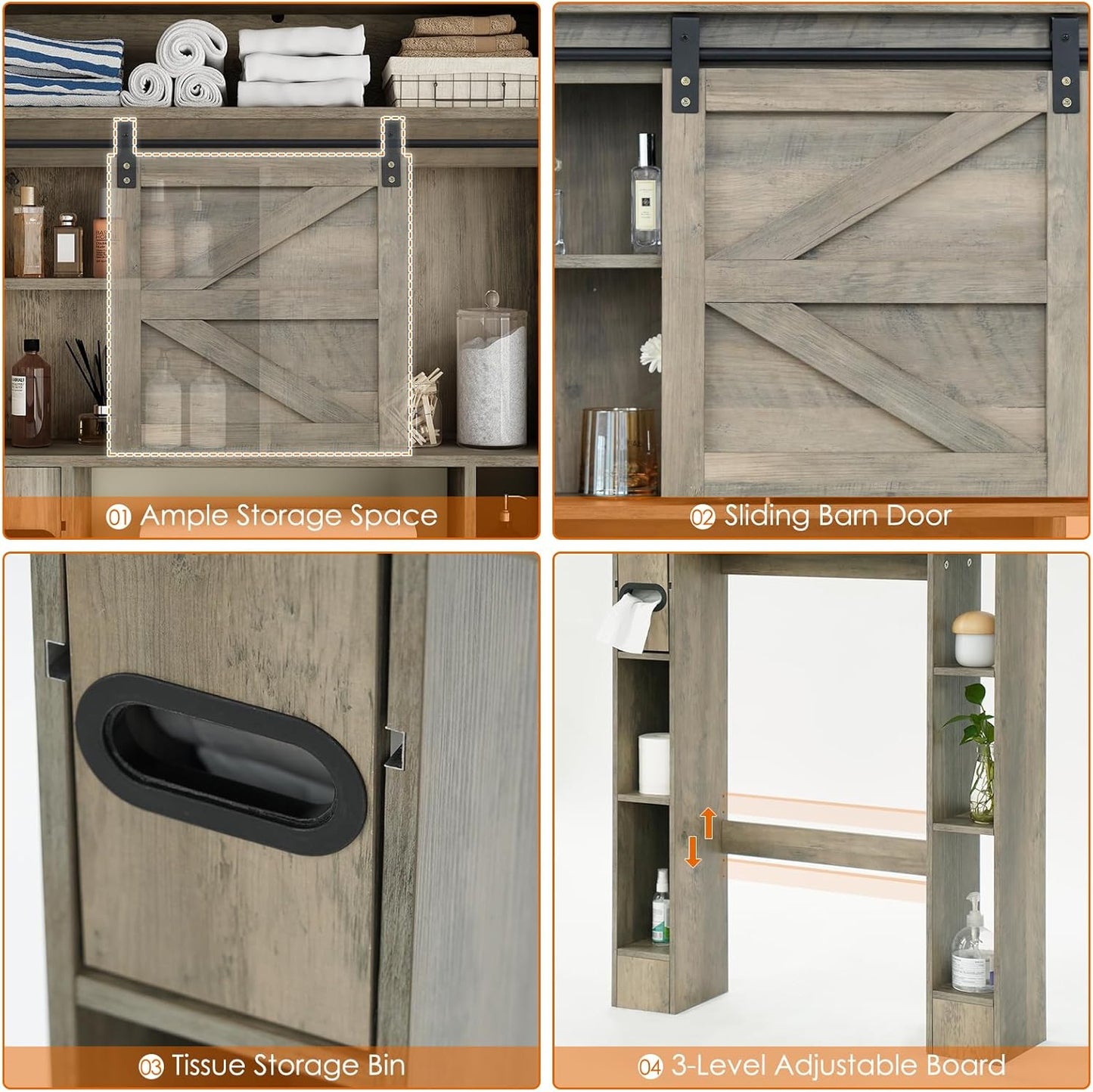 Over The Toilet Storage Cabinet, 32.5'' Wide Bathroom Storage Cabinet with Sliding Barn Door, Freestanding Over Toilet Storage Shelf, Grey
