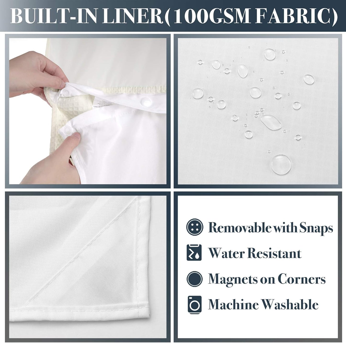 N&Y HOME Waffle Weave Shower Curtain with Snap-in Fabric Liner & Hooks Set - Hotel Style Cream Shower Curtain for Bathroom, Water-Repellent & Washable, Mesh Top Window - 71x72, Cream