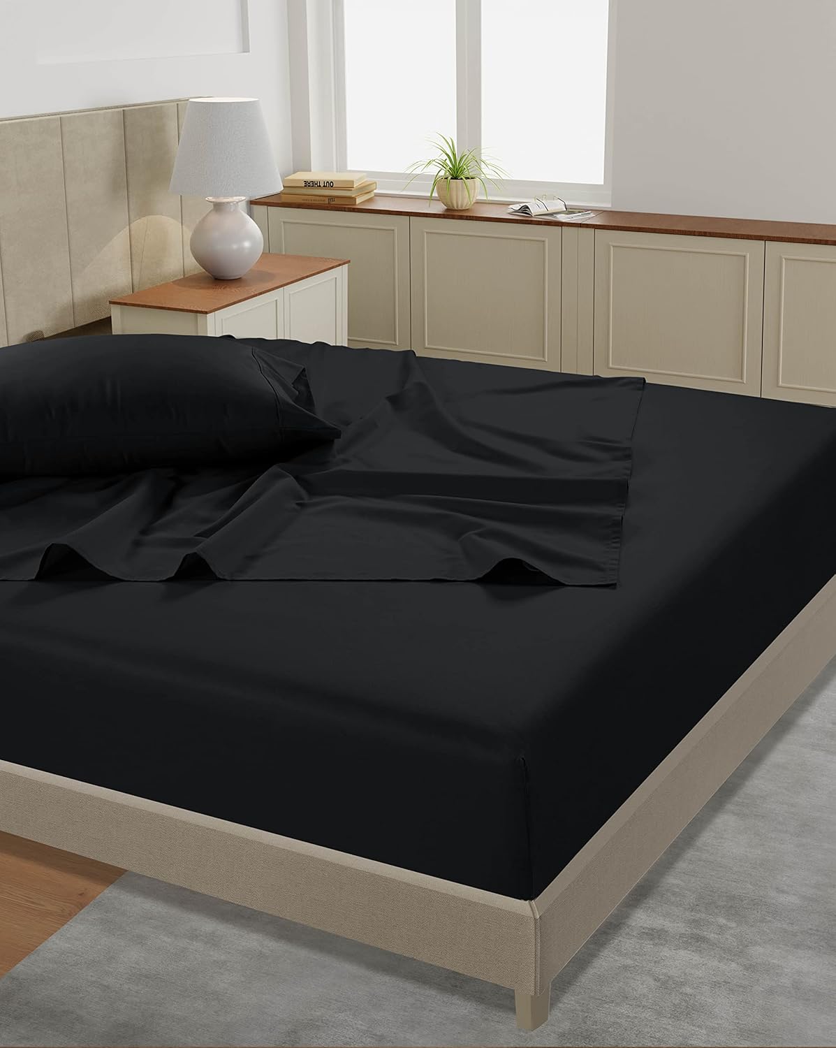 LANE LINEN Twin XL Sheets Set – 450 Thread Count 100% Long Staple Cotton, Soft & Cooling Sateen Weave, 15” Deep Pocket Fully Elasticized Twin XL Fitted Sheet, Hotel Quality, Black