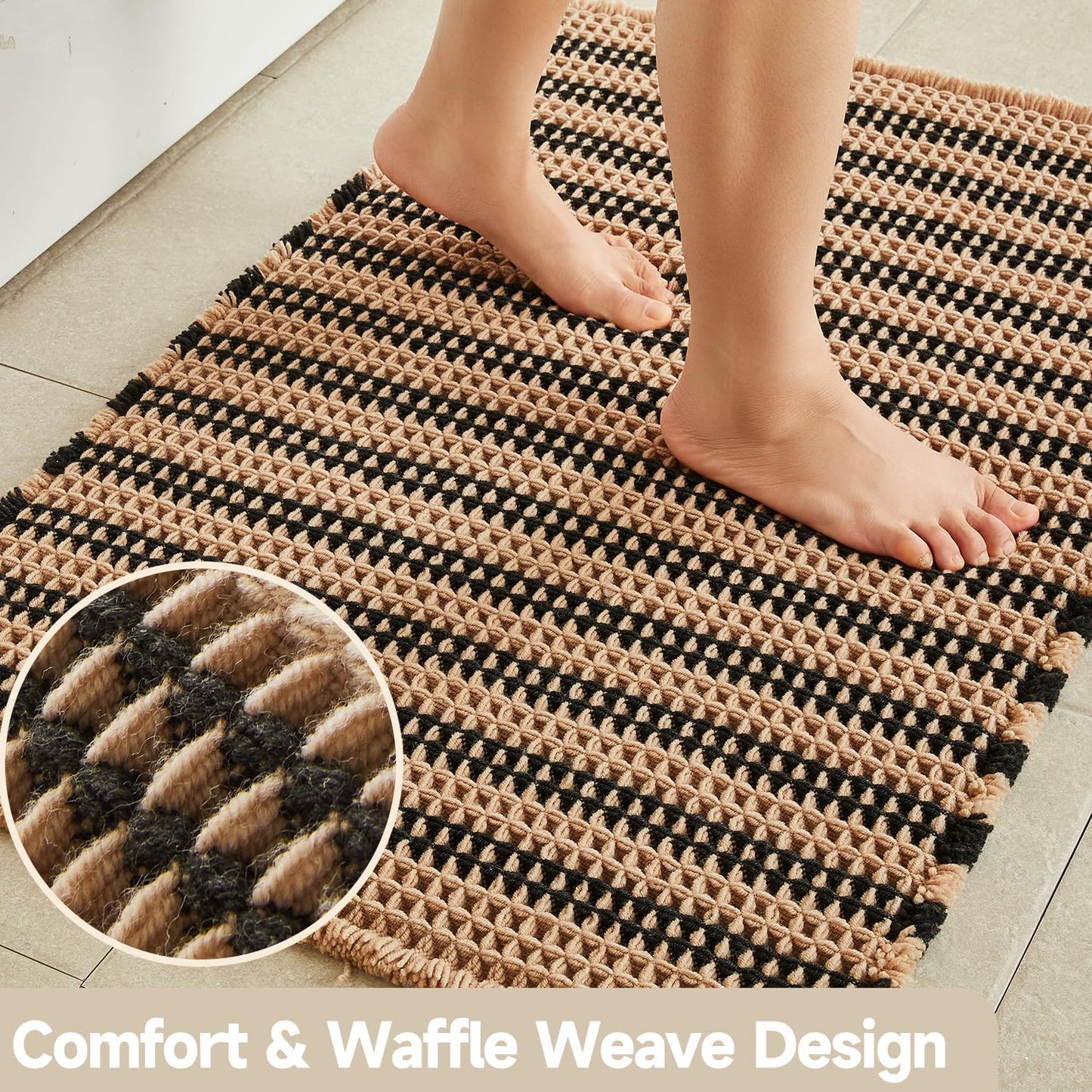 Waffle Bath Mat, Boho Bathroom Rugs Non Slip Washable Super Absorbent Quick Dry Bath Mat Farmhouse Bathroom Decor, 24"x16" Black and Khaki