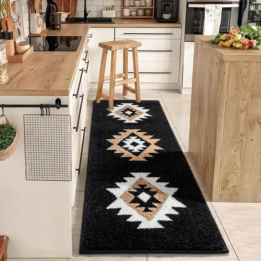 DEXDE Bathroom Runner Rug 24x60 Inch, Boho Long Bath Mat Rug for Bathroom Bedroom Hallway Kitchen Luxury Soft Absorbent Large Modern Geometric Carpet Western Farmhouse Carpet, Black