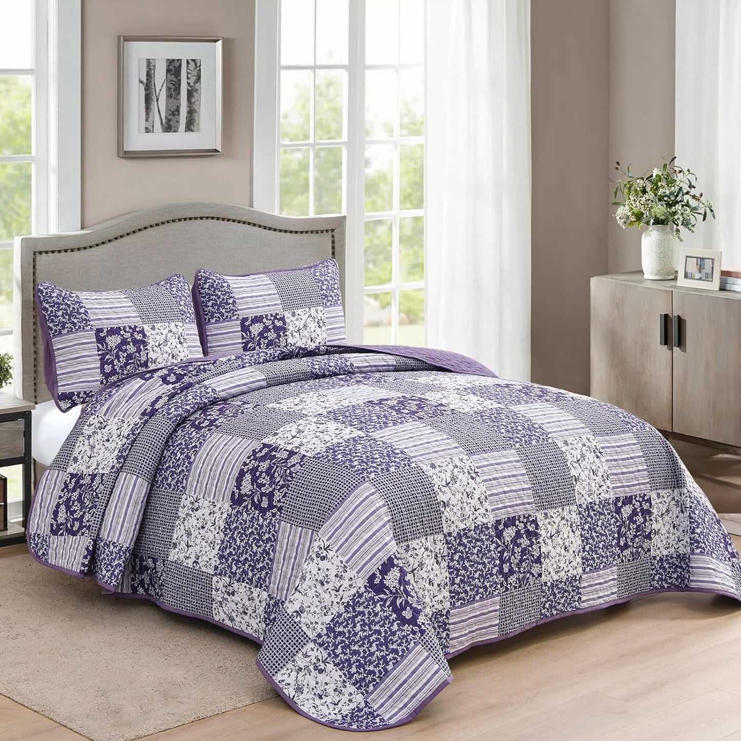 Mybedsoul Purple Quilt Set Queen Size,3 Pieces Boho Floral Plaid Bedspread Coverlet Set for All Season,Patchwork Reversible Bedding Set Queen 90"x96"