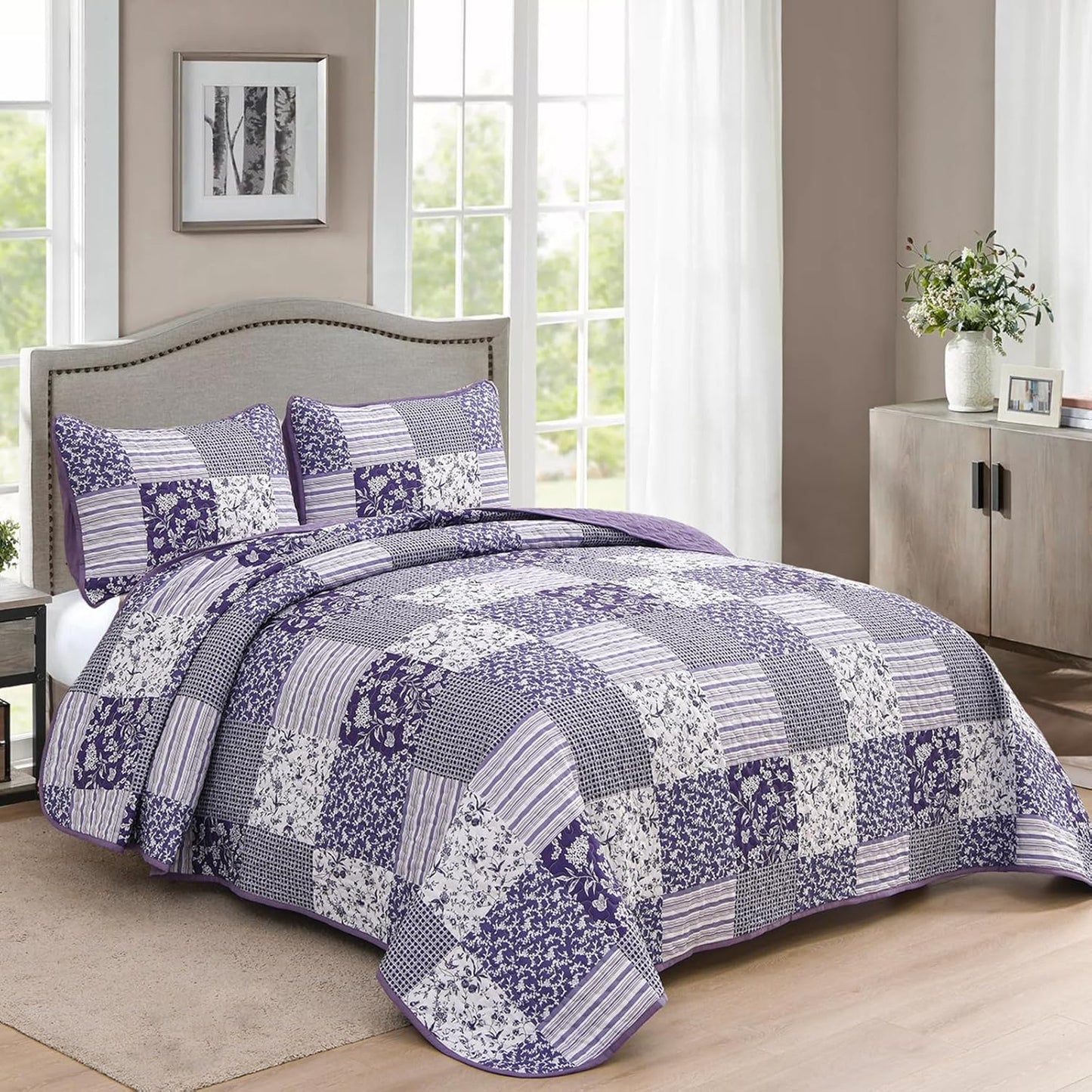 Mybedsoul Purple Quilt Set California King Size, 3 Pieces Boho Plaid Floral Bedspread Set Microfiber Lightweight Bohemian Bedding Bedspread Coverlet Set for All Season 106"x 96"