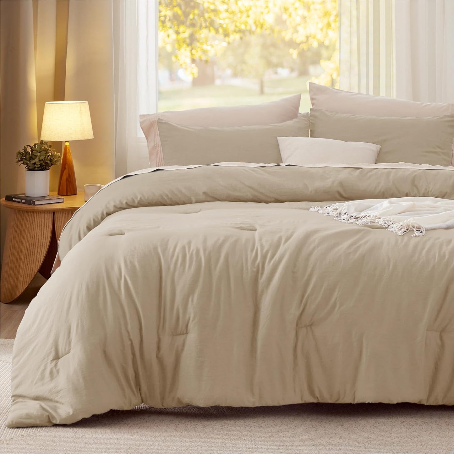 Bedsure Oversized Queen Size Comforter Set, Khaki Soft Prewashed Bedding for All Seasons, 3 Pieces GentleSoft™ Down Alternative Bed Set, 1 Lightweight Comforter (98"x98") and 2 Pillowcases (20"x26")